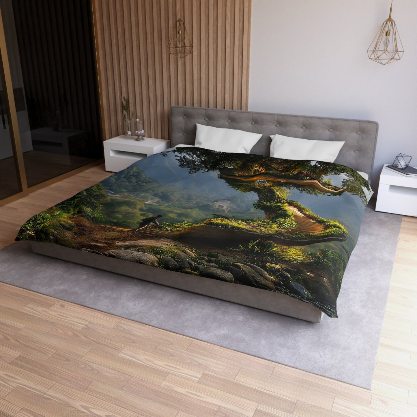 Treehouse Sanctuary Microfiber Duvet Cover – Spiral Stairway to a Mountain Haven