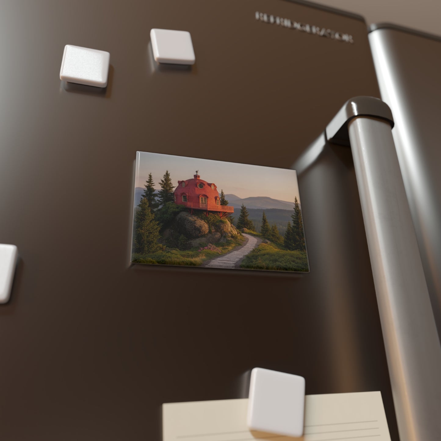 Red Dome House Button Magnet, Rectangle (1 & 10 pcs) – Sunset Sanctuary on a Mountain Ridge