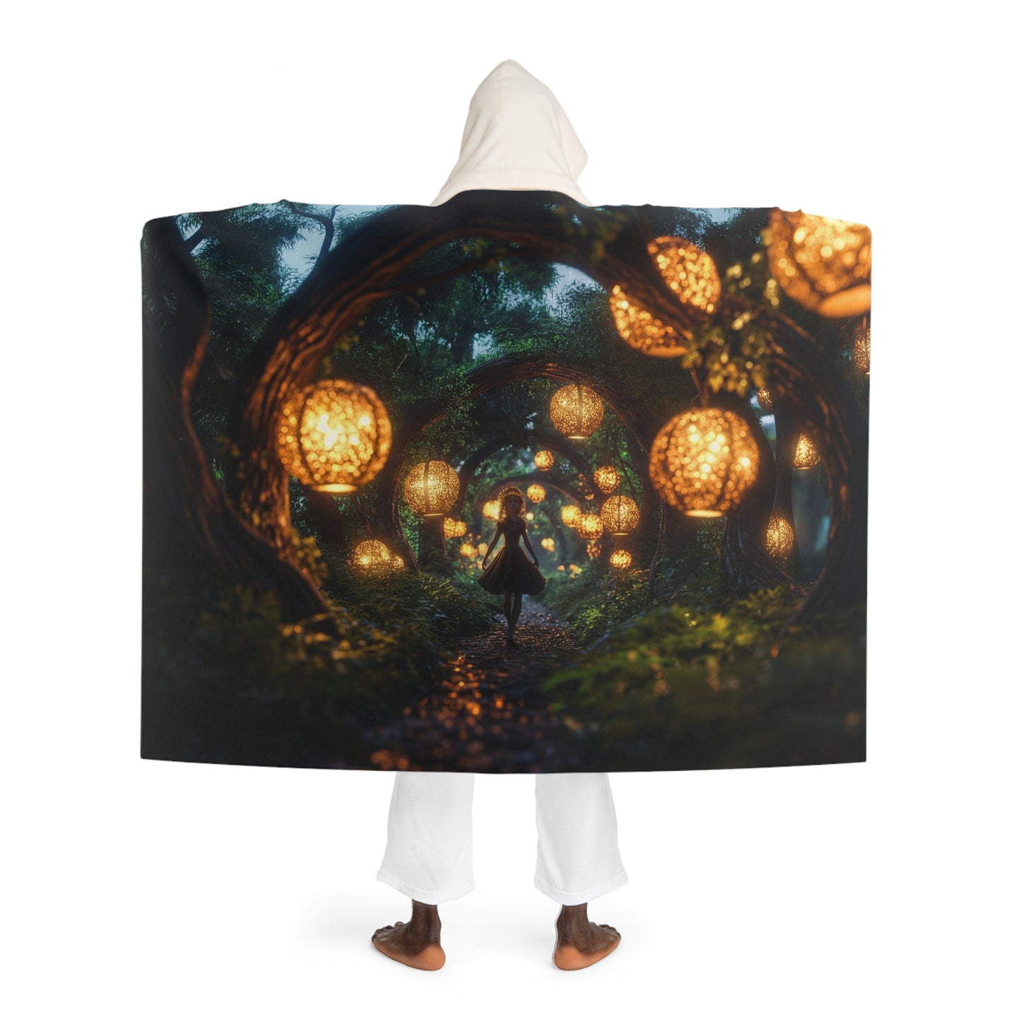 Luminous Forest Path Hooded Sherpa Fleece Blanket – Golden Lanterns Through Whispering Trees