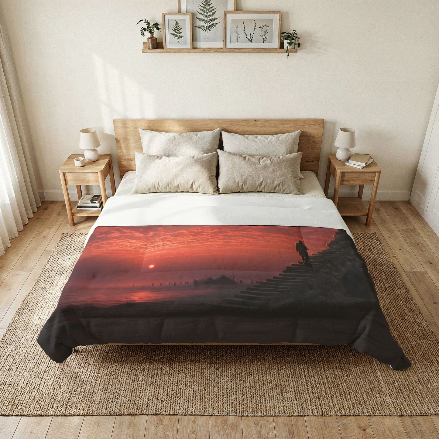 Twilight Staircase Cotton Comforter – Crimson Moonlit Horizon