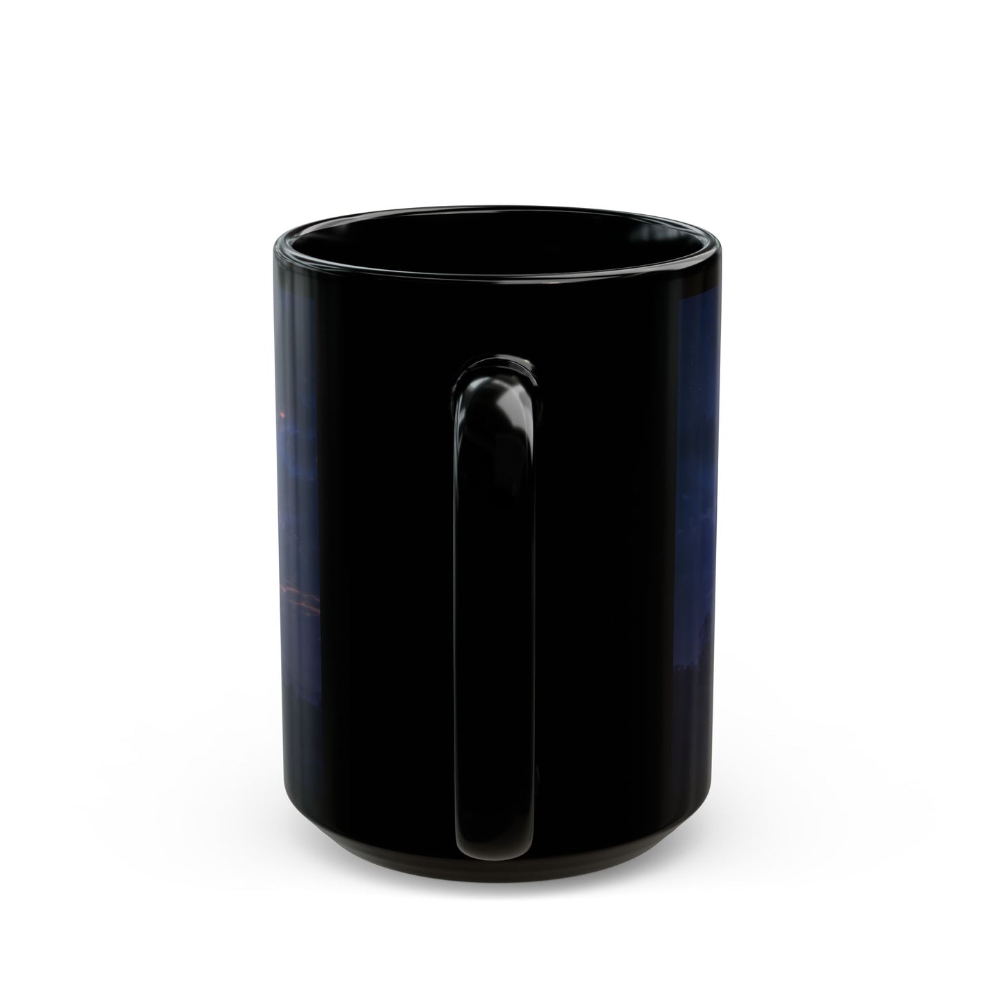 UFO Encounter Black Mug – Celestial Beam & Silhouette Nightscape