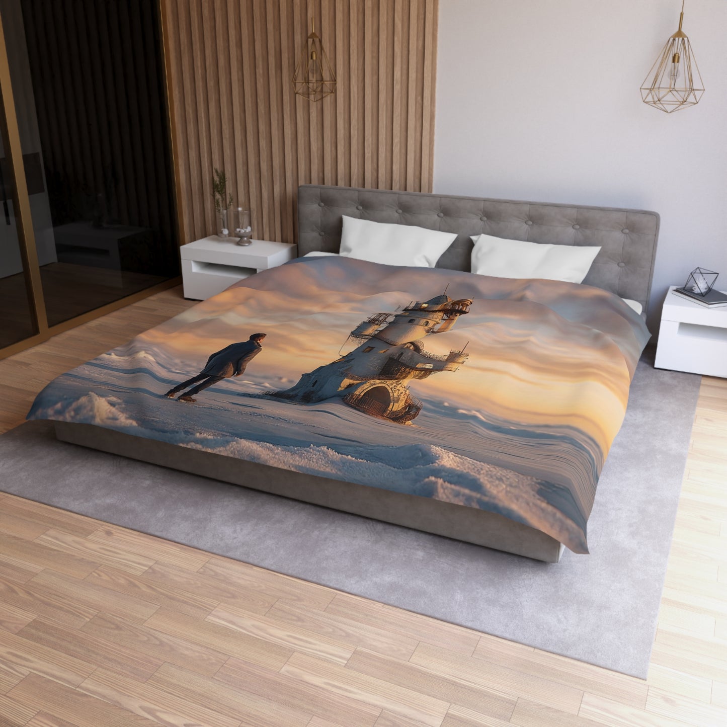 Lighthouse Keeper Microfiber Duvet Cover – Warm Glow on Frozen Horizon