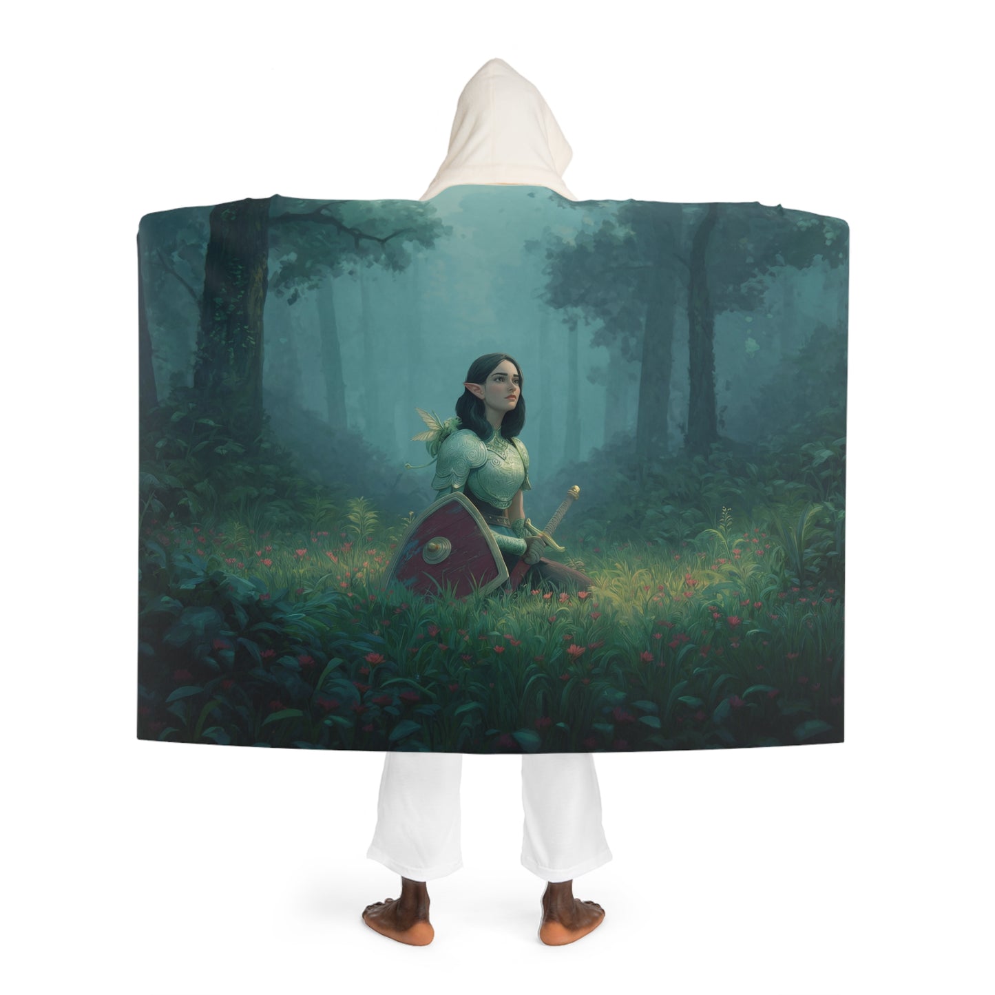 Forest Sentinel Hooded Sherpa Fleece Blanket – Emerald Guardian Resting in Misty Grove