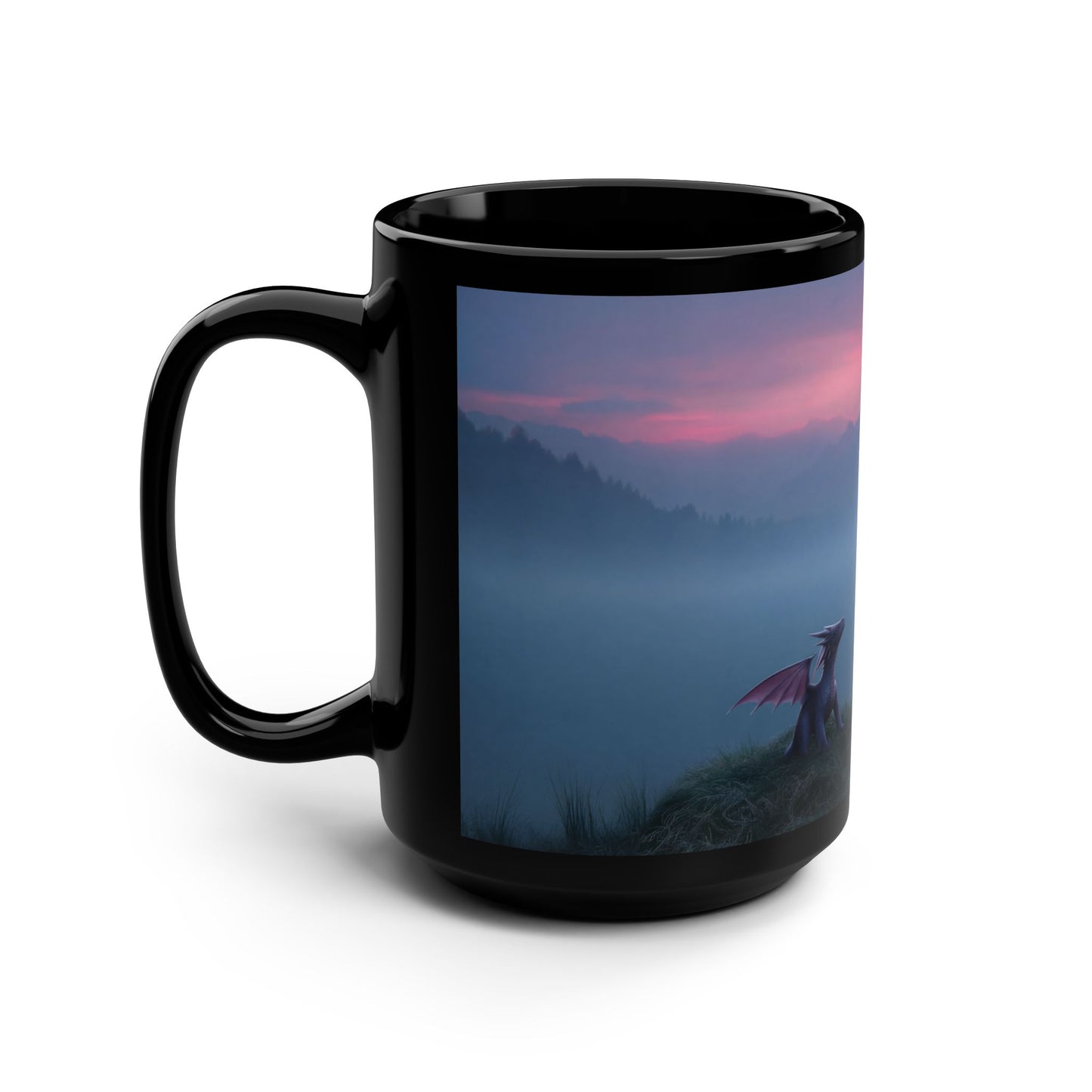Sentinel and Spark Black Mug, 15oz – Misty Dawn Mountain Guardian