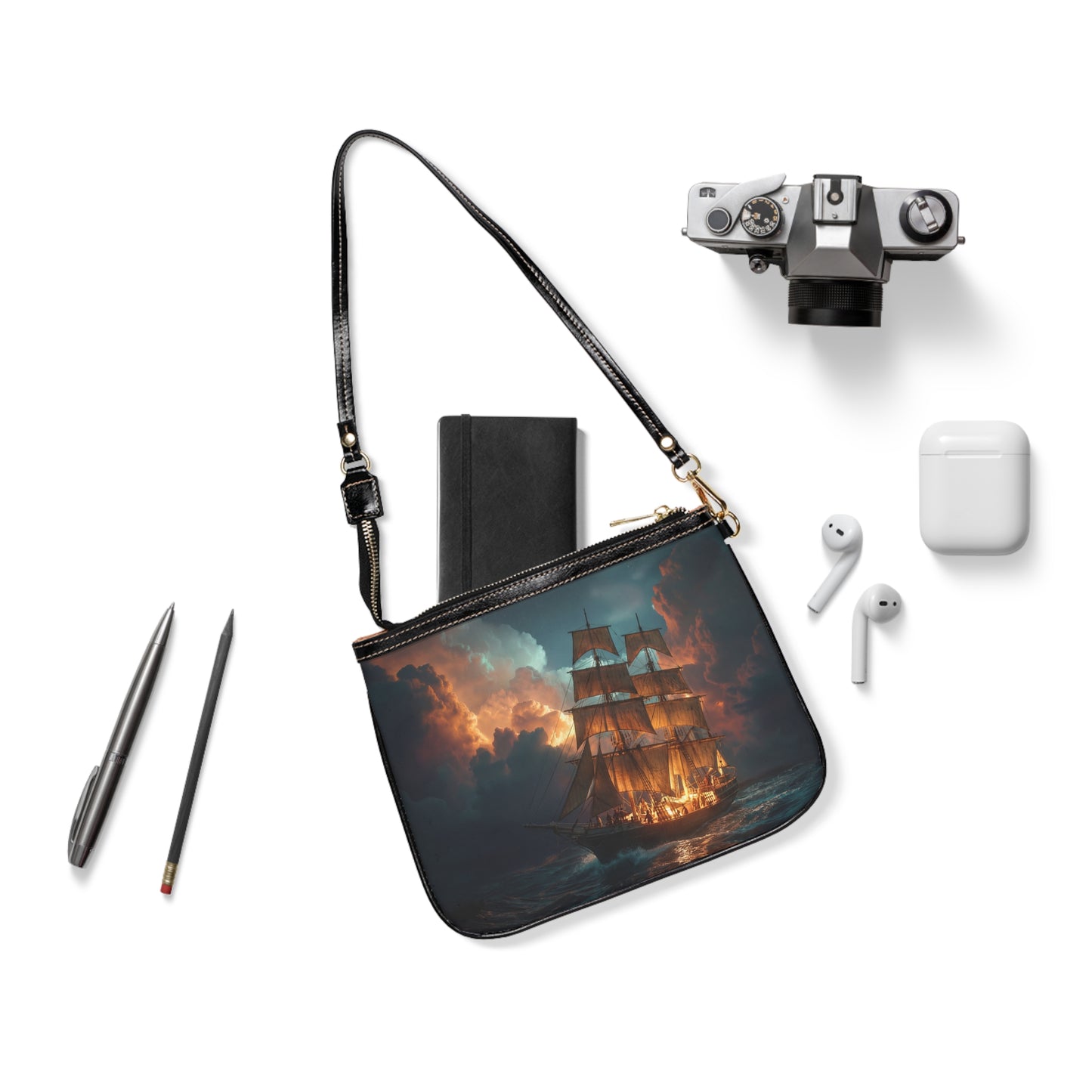 Starlit Galleon Small Shoulder Bag – Voyage Through Crimson Skies