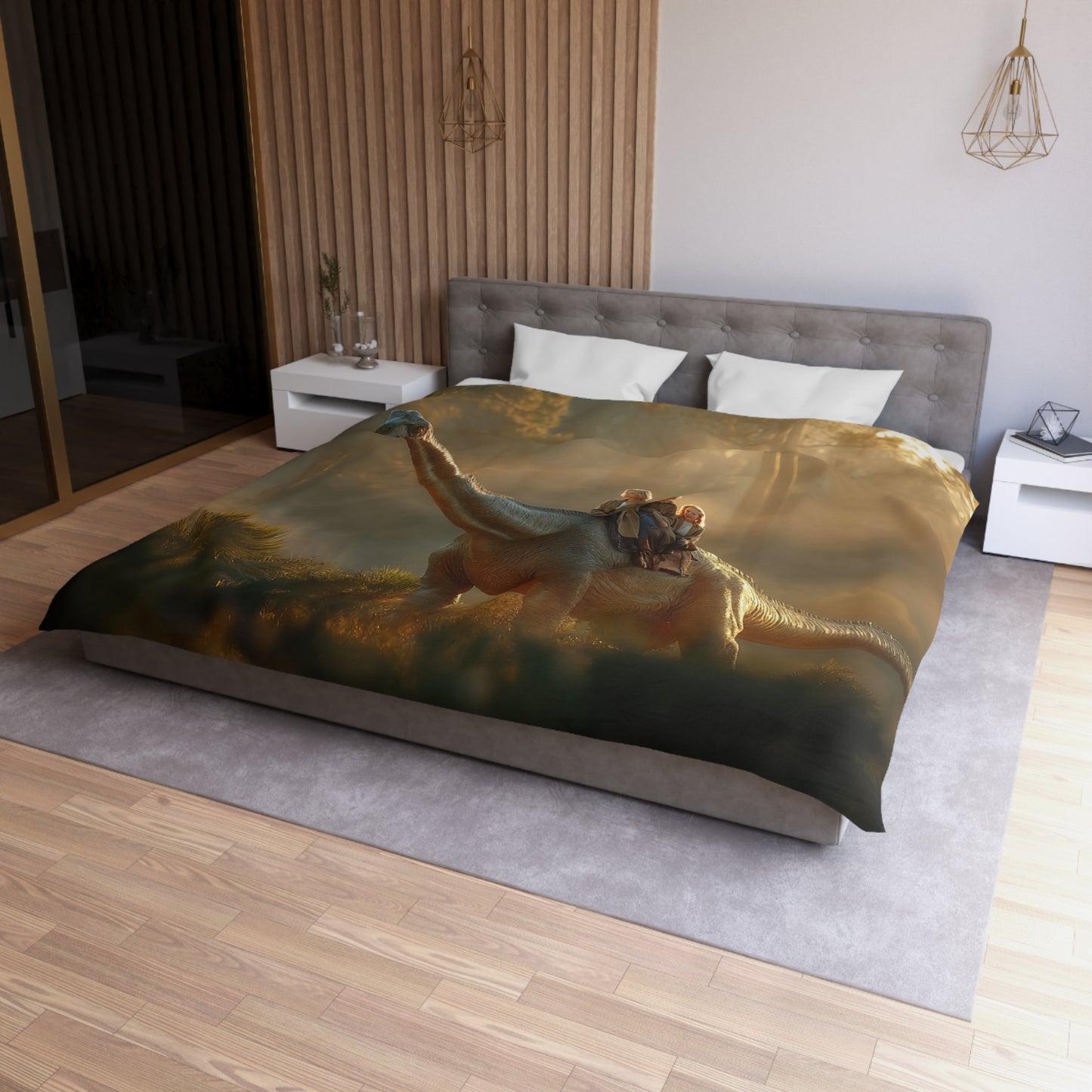 Dinosaur Rider Microfiber Duvet Cover – Golden Forest Journey with Gentle Giant