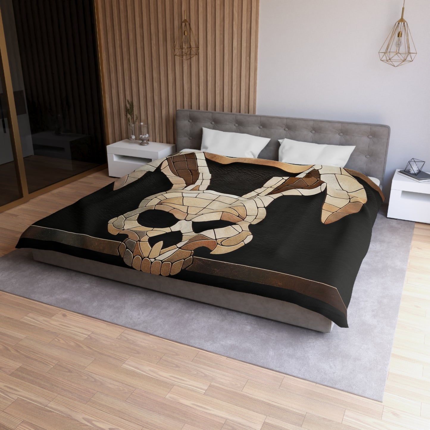 Mosaic Rabbit Skull Duvet Cover – Whimsical Bone Motif in Earth Tones