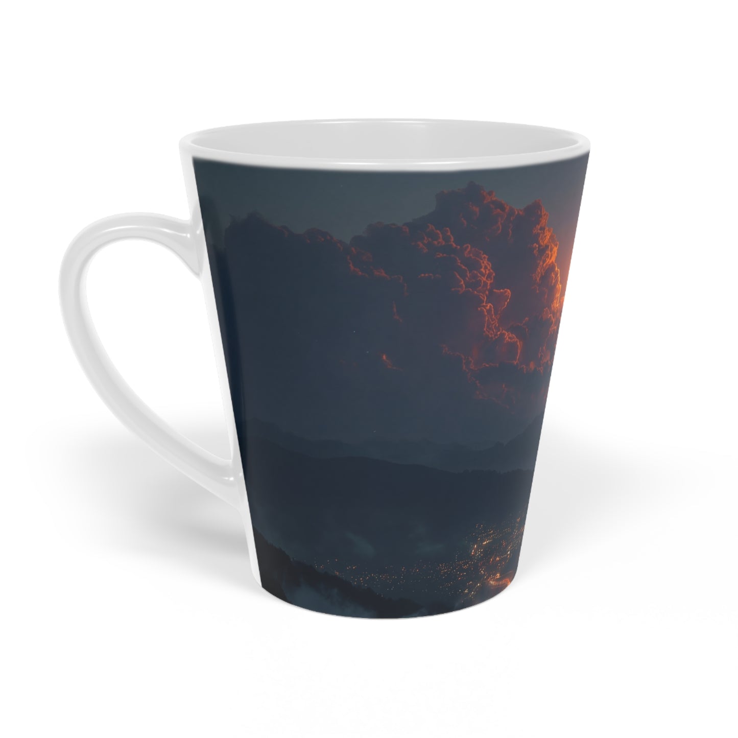 Celestial Fireball Latte Mug, 12oz – Meteor Over Mountain Cityscape