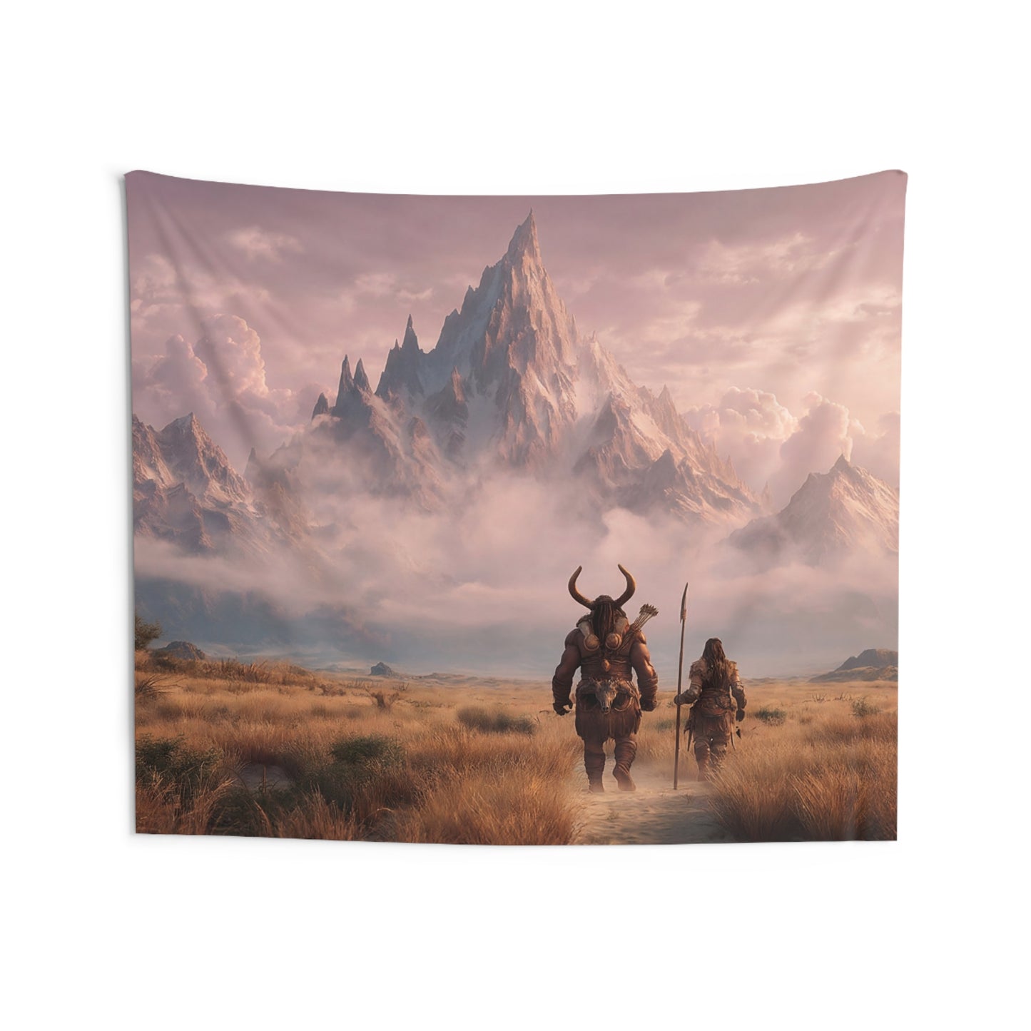 Two Travelers Before the Snow Crown Peak – Sunset Mountain Passage Wall Tapestry