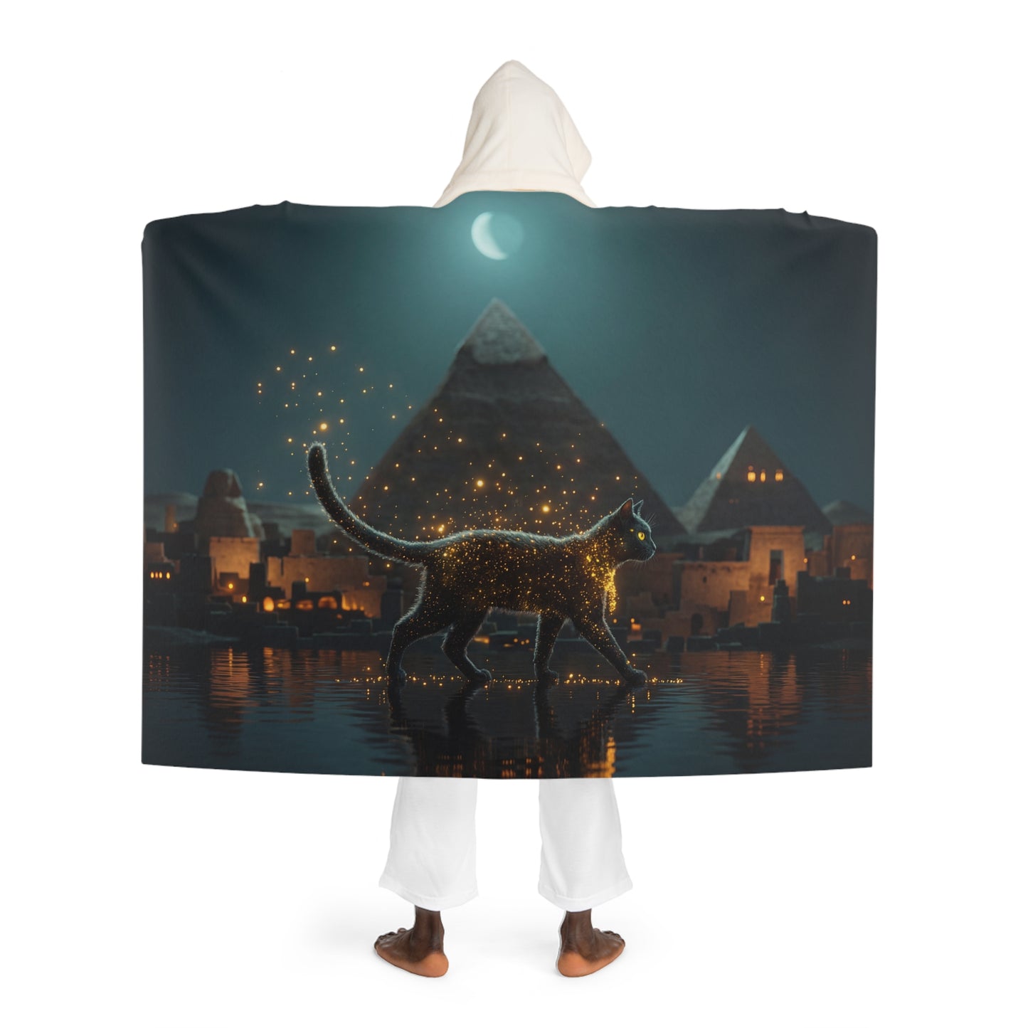 Golden Cat Sphinx Sentinel Hooded Sherpa Fleece Blanket – Crescent Moon Night Walk