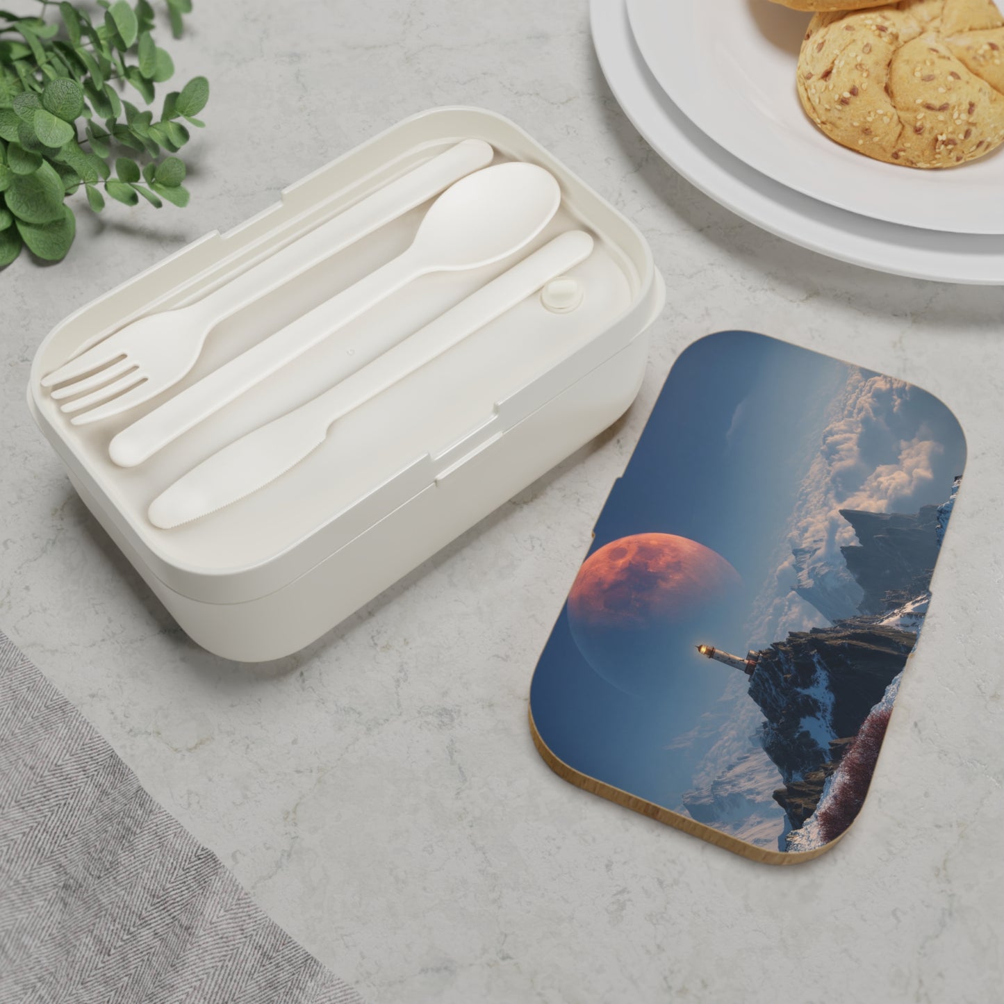 Lunar Lighthouse Bento Lunch Box – Snow-Capped Peak Under Crimson Moon