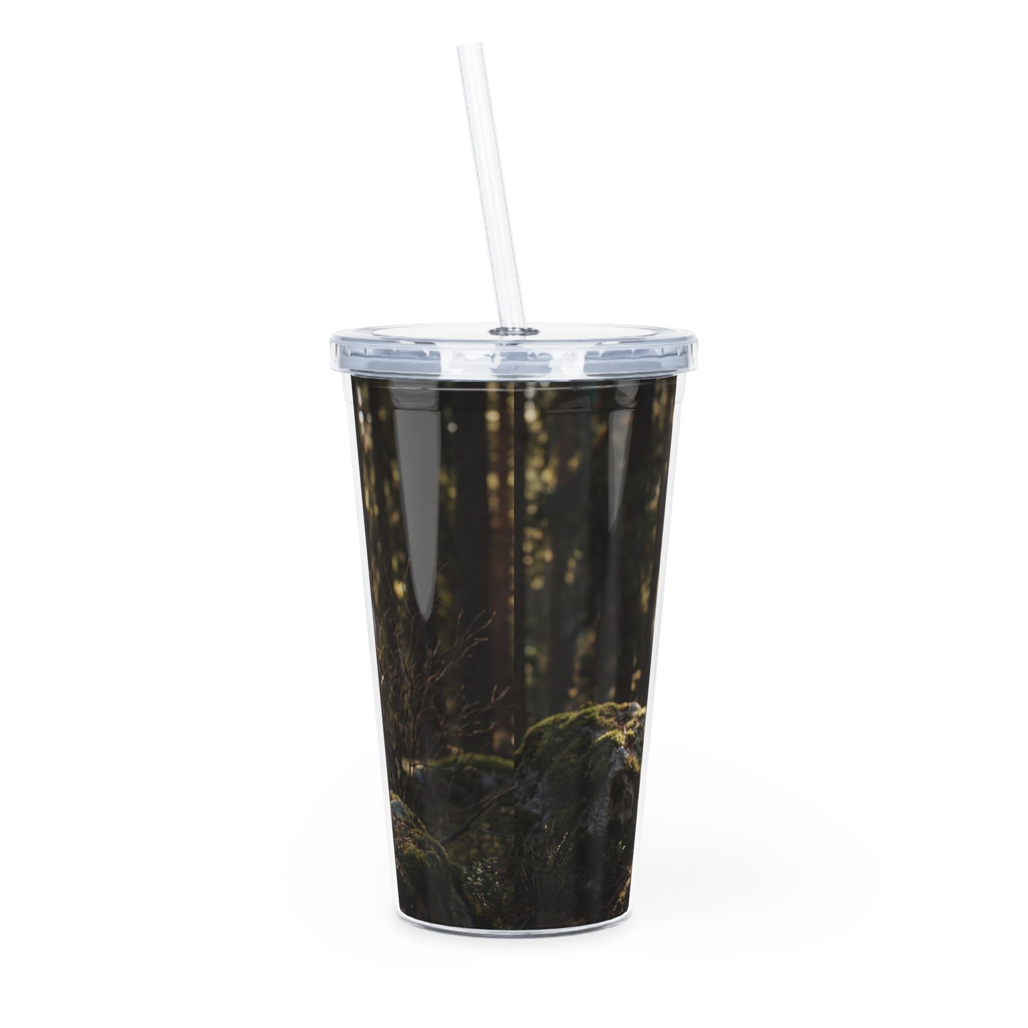 Dragon Wolf in Sunlit Woods Plastic Tumbler with Straw – Guardian of the Mossy Glade