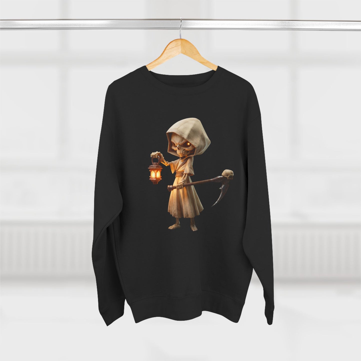 Lantern Bearer Hooded Skeleton Crewneck Sweatshirt – Warm Glow Guardian Art