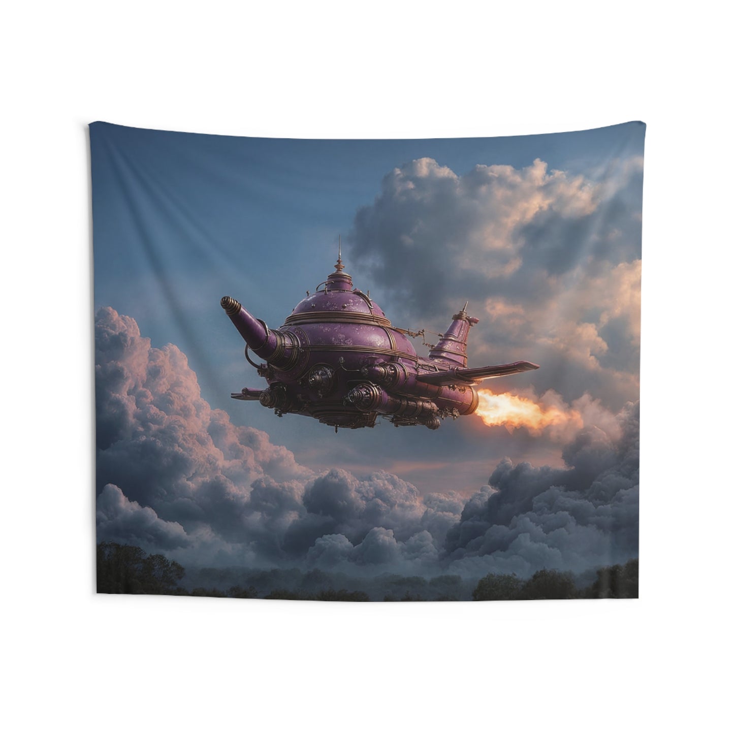 Purple Teapot Airship Indoor Wall Tapestries – Steam-Powered Sky Odyssey