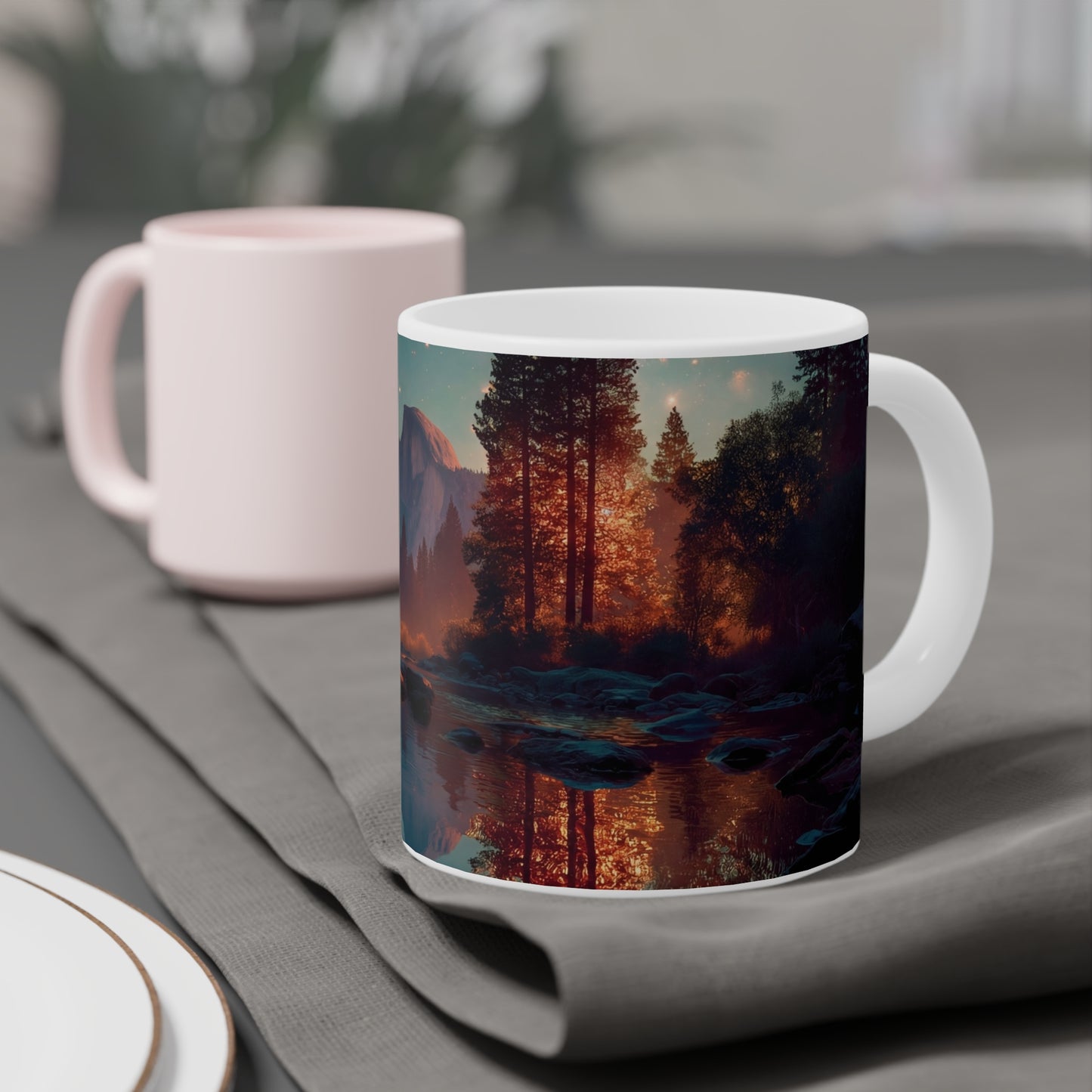Starlit River Reflections Ceramic Mugs (11oz\15oz\20oz) – Half Dome’s Celestial Mirror
