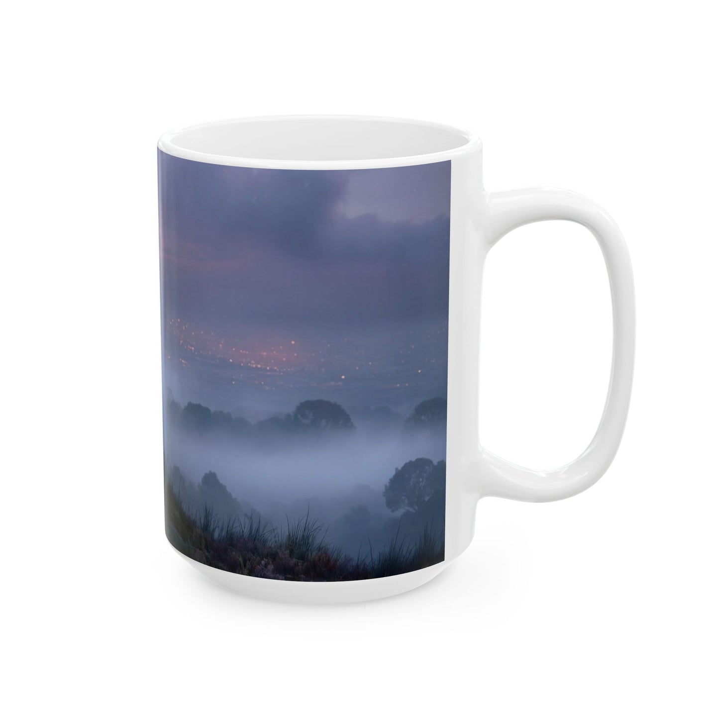Moonlit Sentinel Ceramic Mug – City Glow Through Fungal Twilight