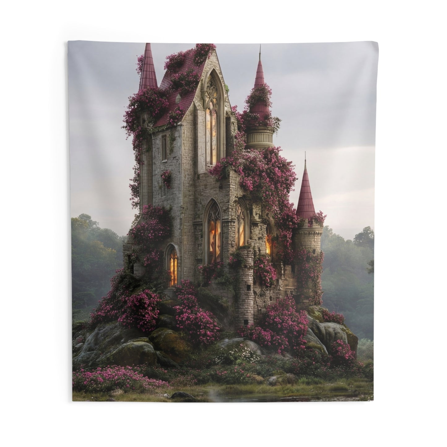 Rose-Covered Castle Wall Tapestry – Twilight Bloom Sanctuary