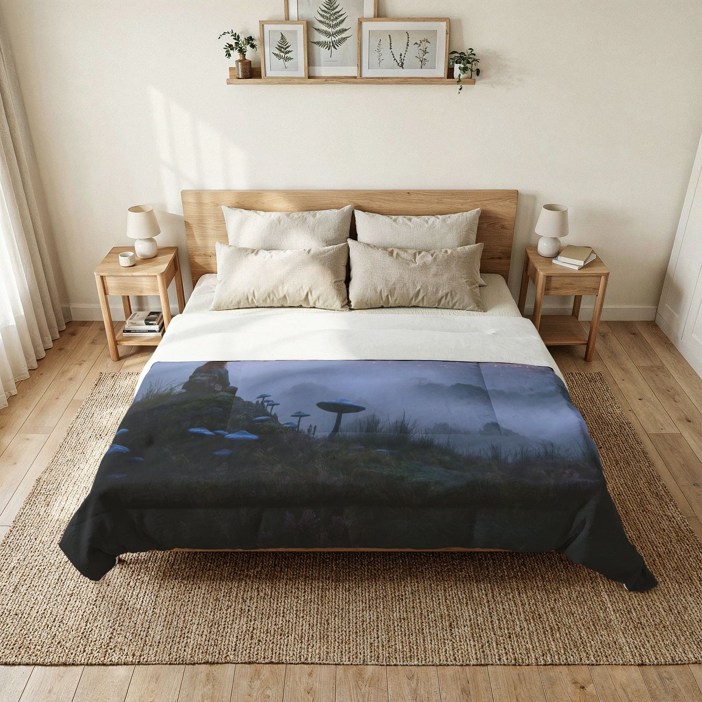 Cliffside Sentinel Cotton Comforter – Twilight Moonlit Forest View