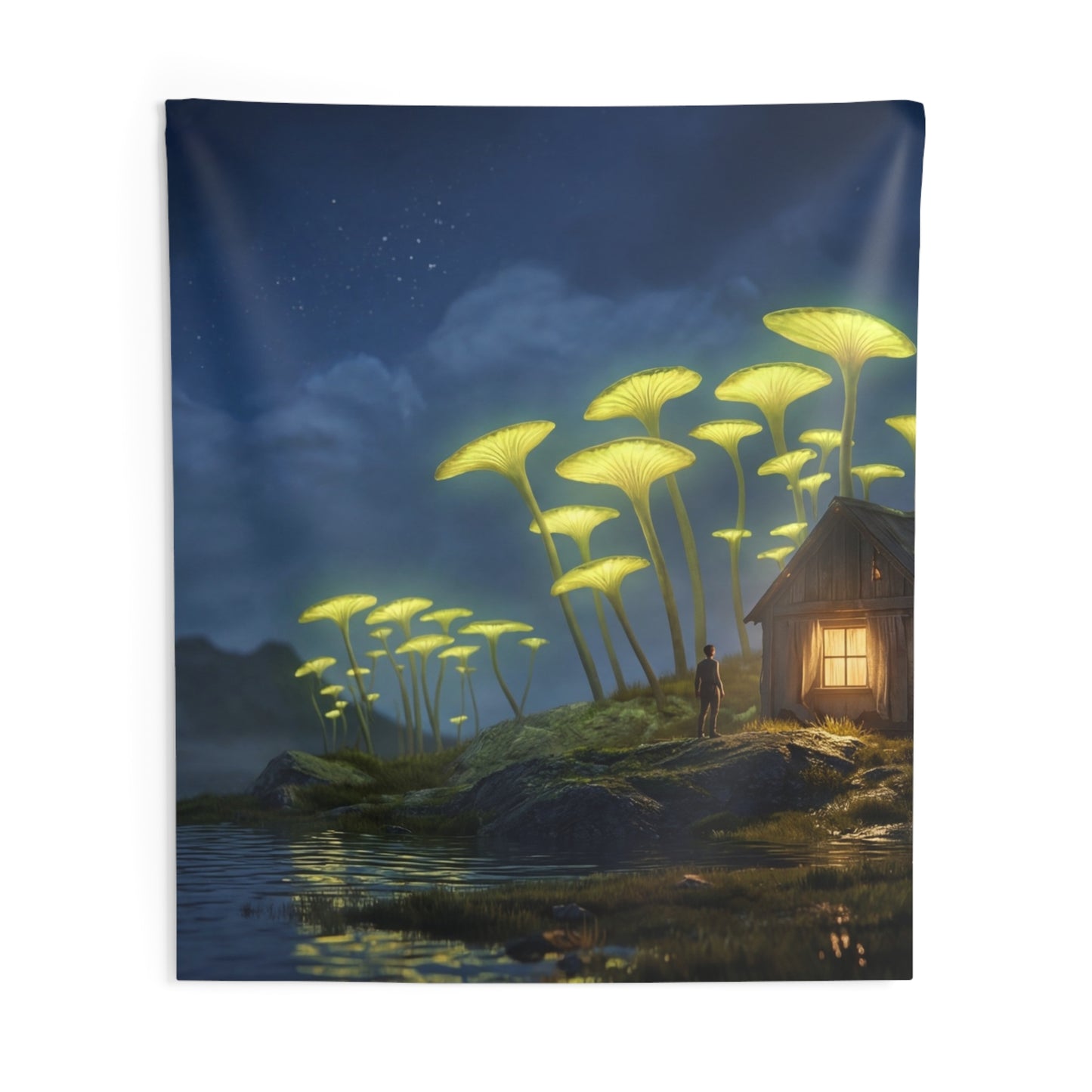 Luminescent Mushroom Cabin Wall Tapestry – Night’s Quiet Glow