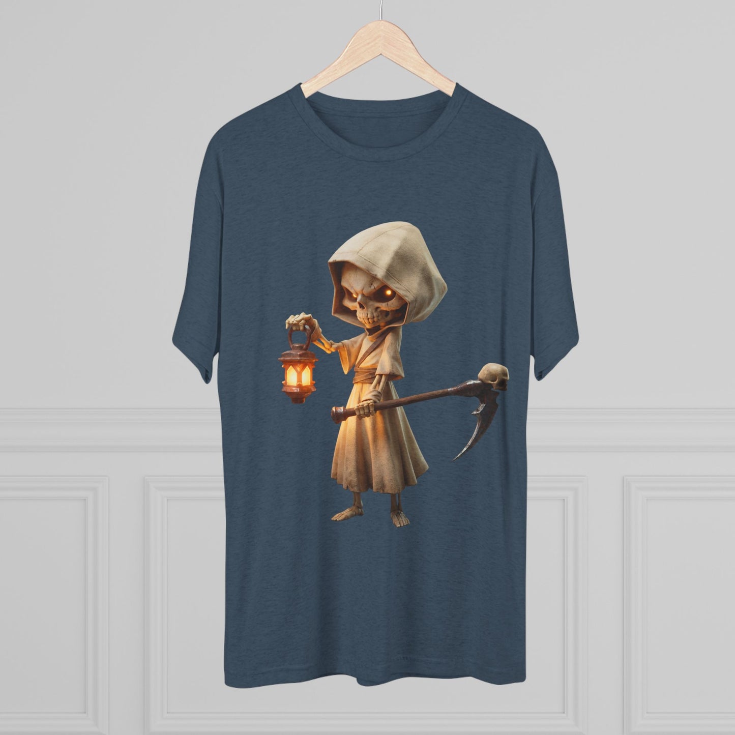 Lantern-Bearing Skeleton Hoodie Tee – Soft Tri-Blend Crewneck with Scythe and Glowing Eyes