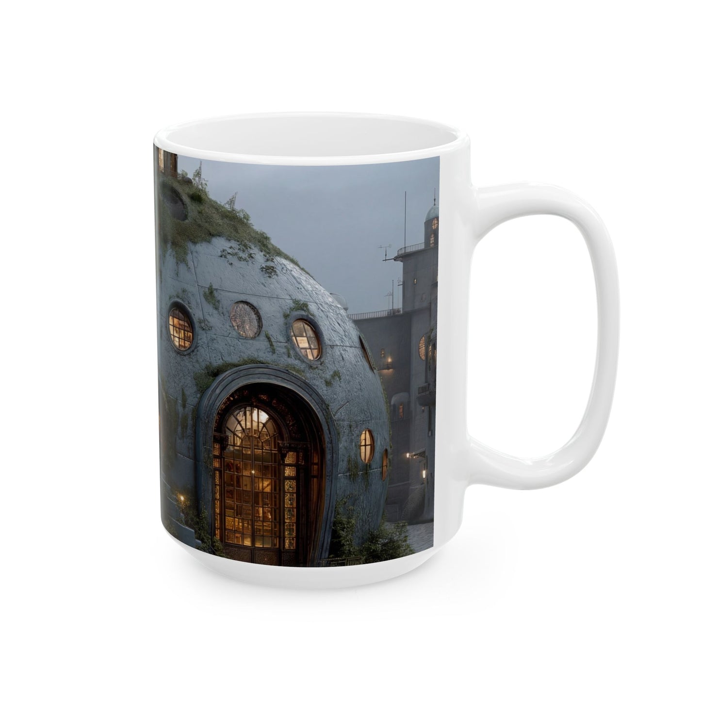 Sky-Rooted Dome House Ceramic Mug – Twilight Haven in Stone and Moss