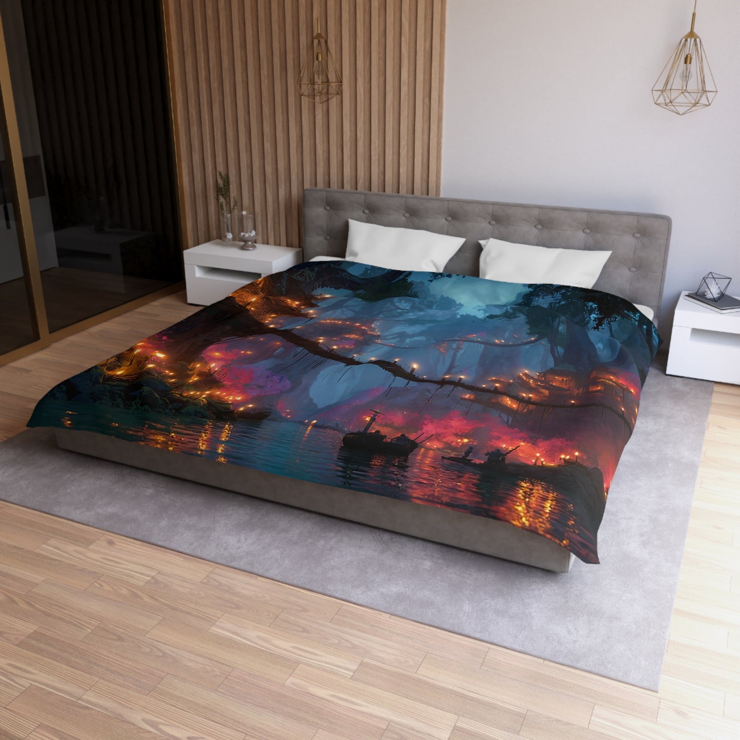 Whispering Canopy Duvet Cover – Glowlit Treehouse River Journey