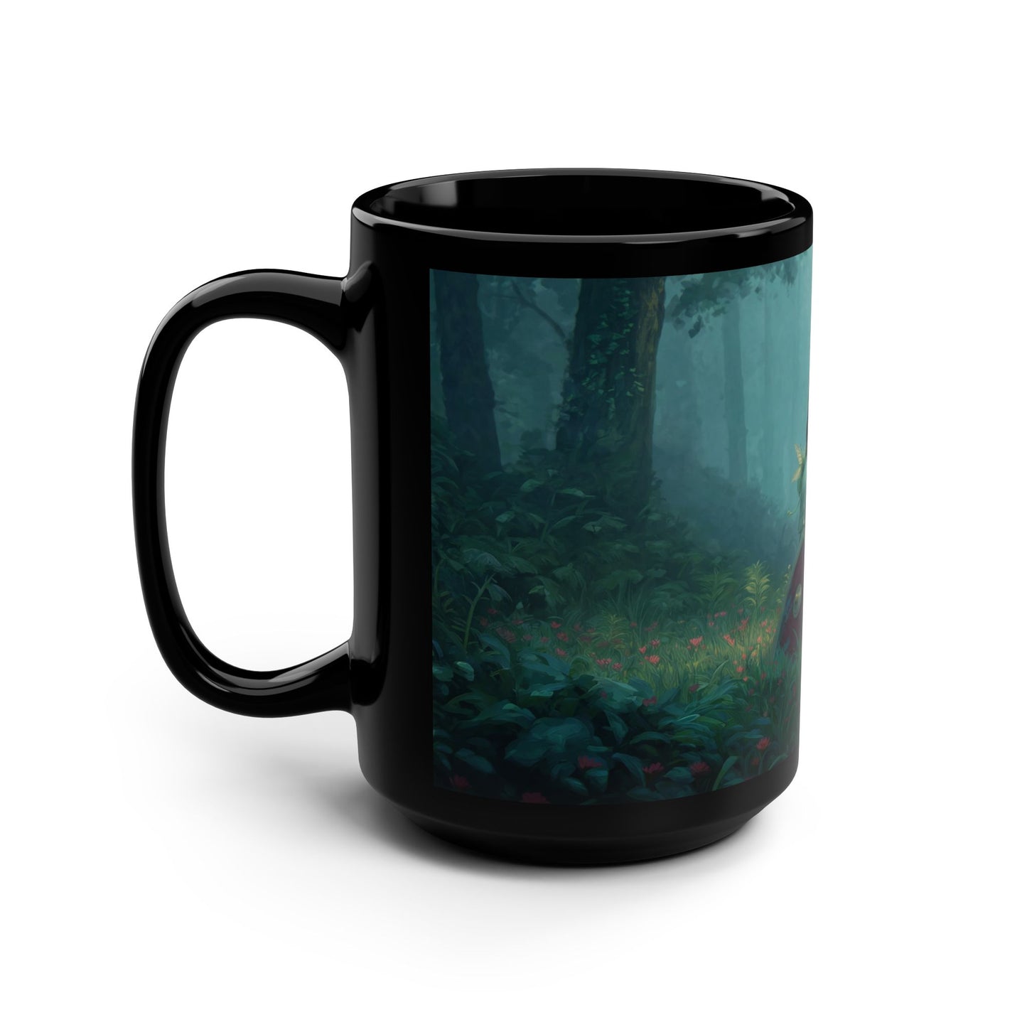Elf Sentinel Guardian Black Mug, 15oz – Misty Forest Watcher