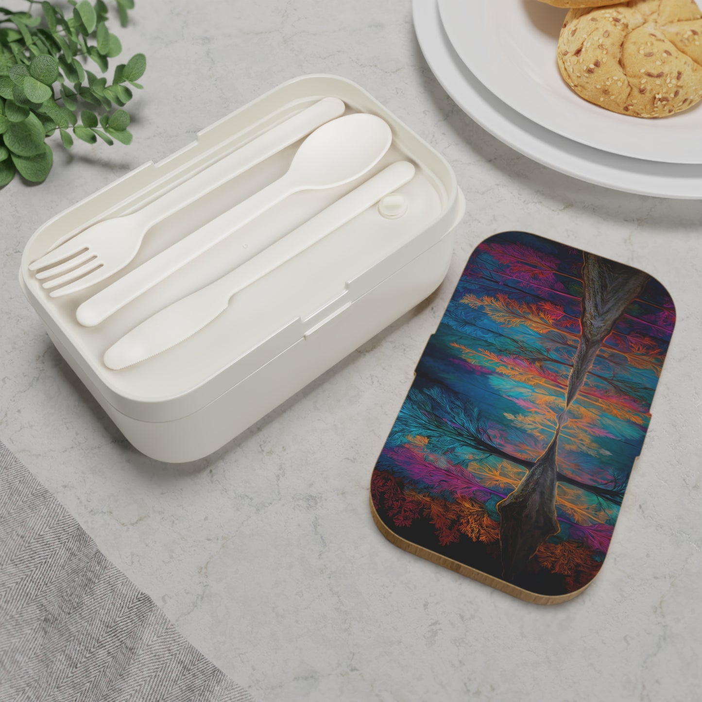 Chromatic Forest Reflection Bento Lunch Box – Mirror of Electric Twilight
