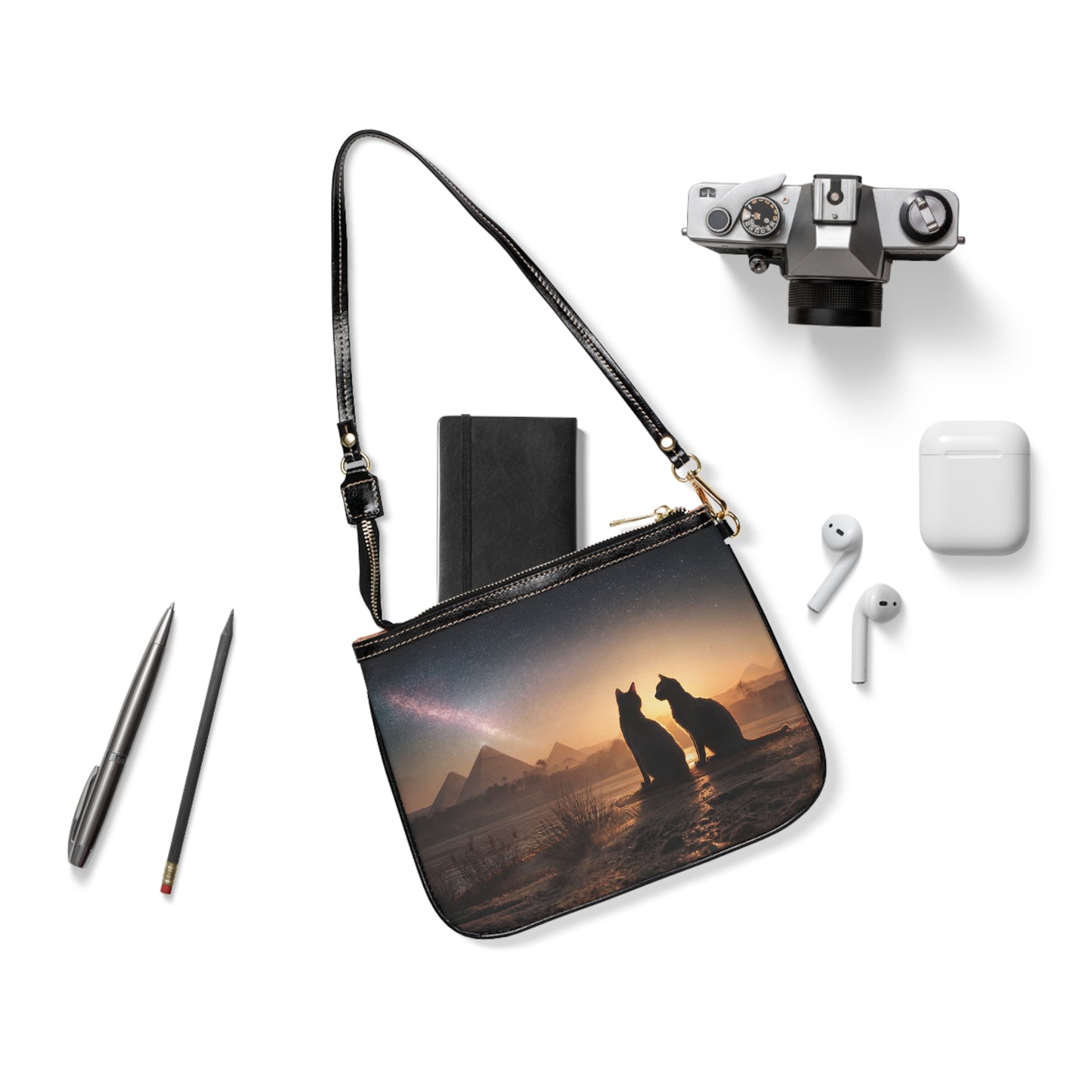 Starlit Pyramids Cat Pair Small Shoulder Bag – Whispers of Ancient Twilight