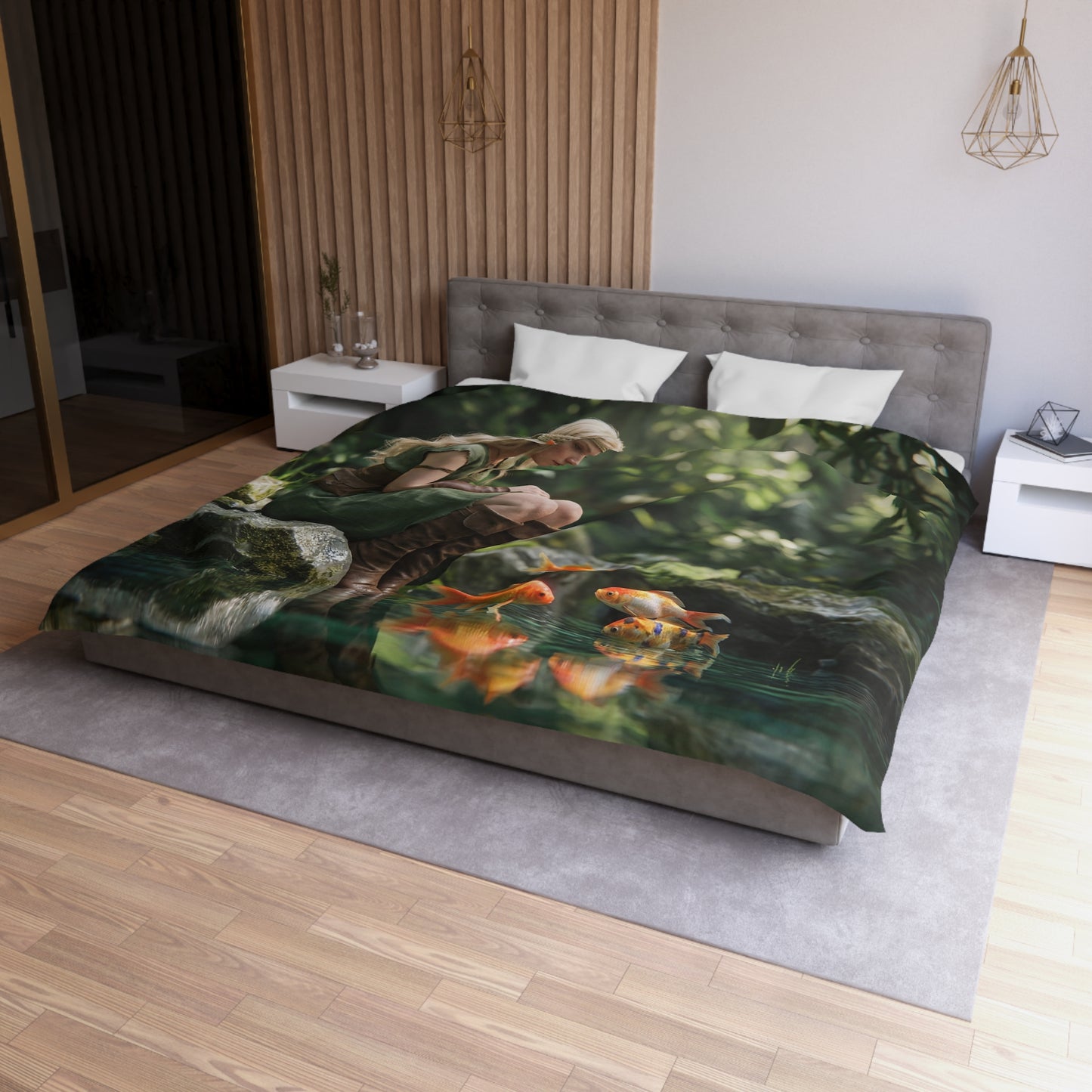 Elven Water Guardian Microfiber Duvet Cover – Whispering Ponds and Golden Dreams