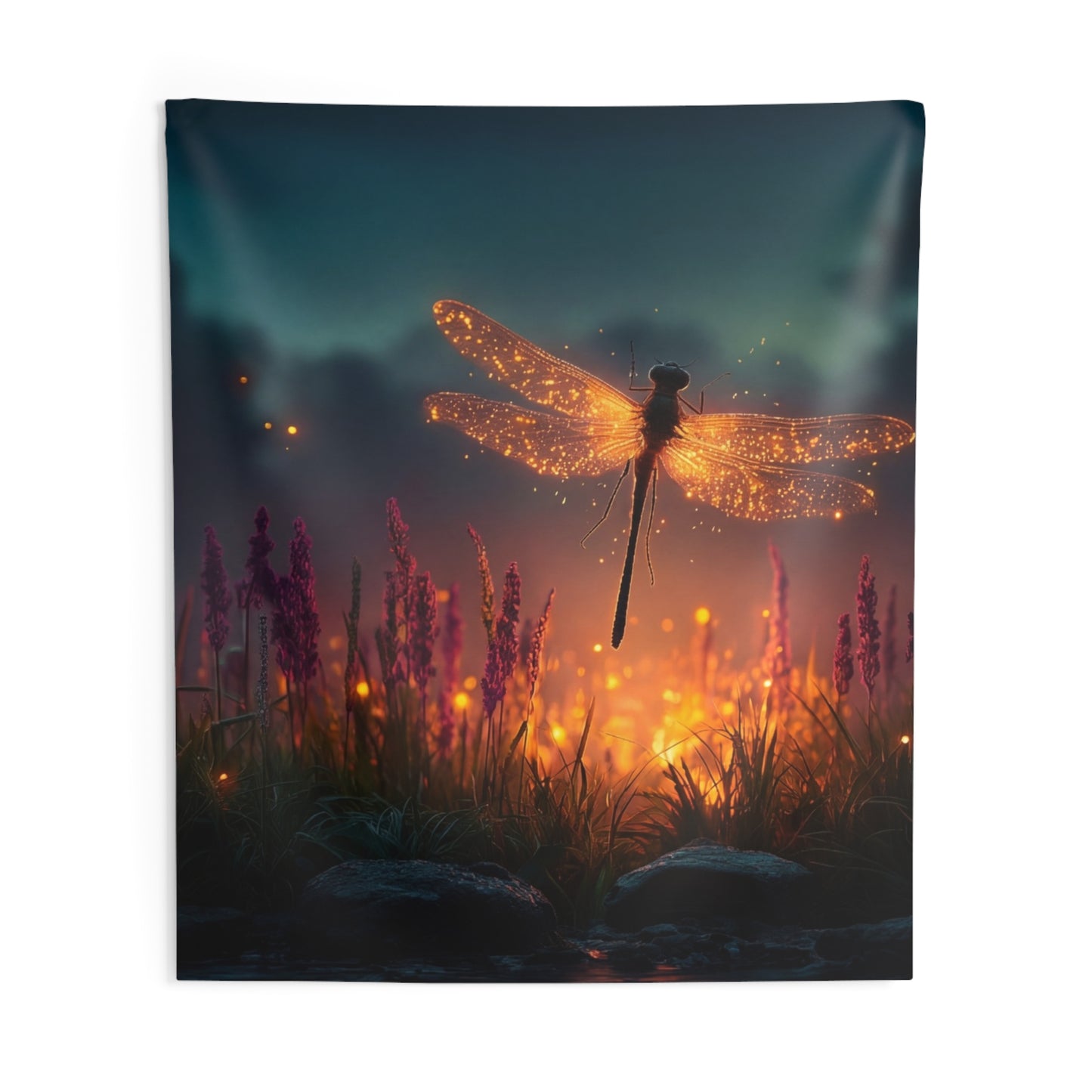 Glowing Dragonfly Indoor Wall Tapestries – Twilight Firefly Serenade
