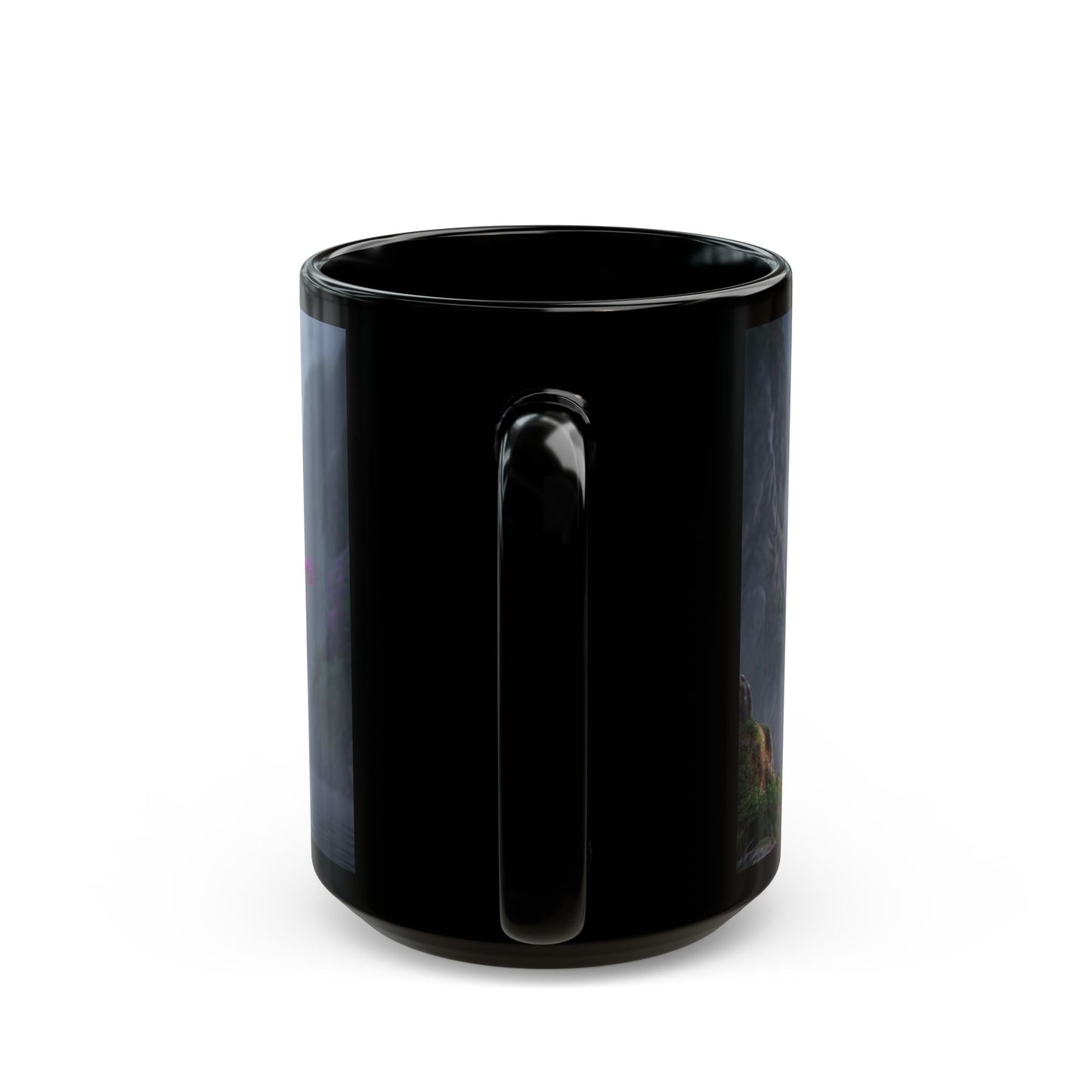 Chromatic Dream Tree Black Mug – Midnight Bloom & Lantern Glow