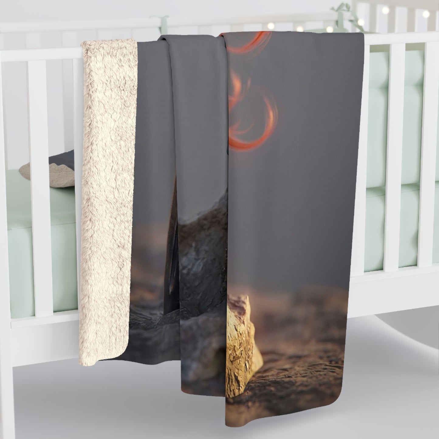 Red-Haired Sentinel Sherpa Fleece Blanket – Twilight Warrior Resting on Rock