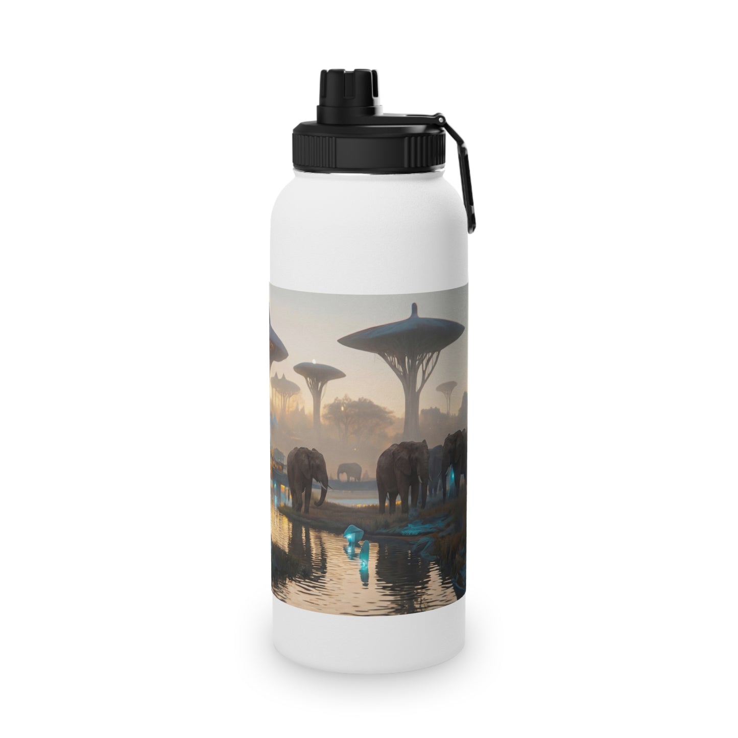 Elephants of the Bio-Luminescent Savanna Stainless Steel Water Bottle, Sports Lid – Twilight Oasis