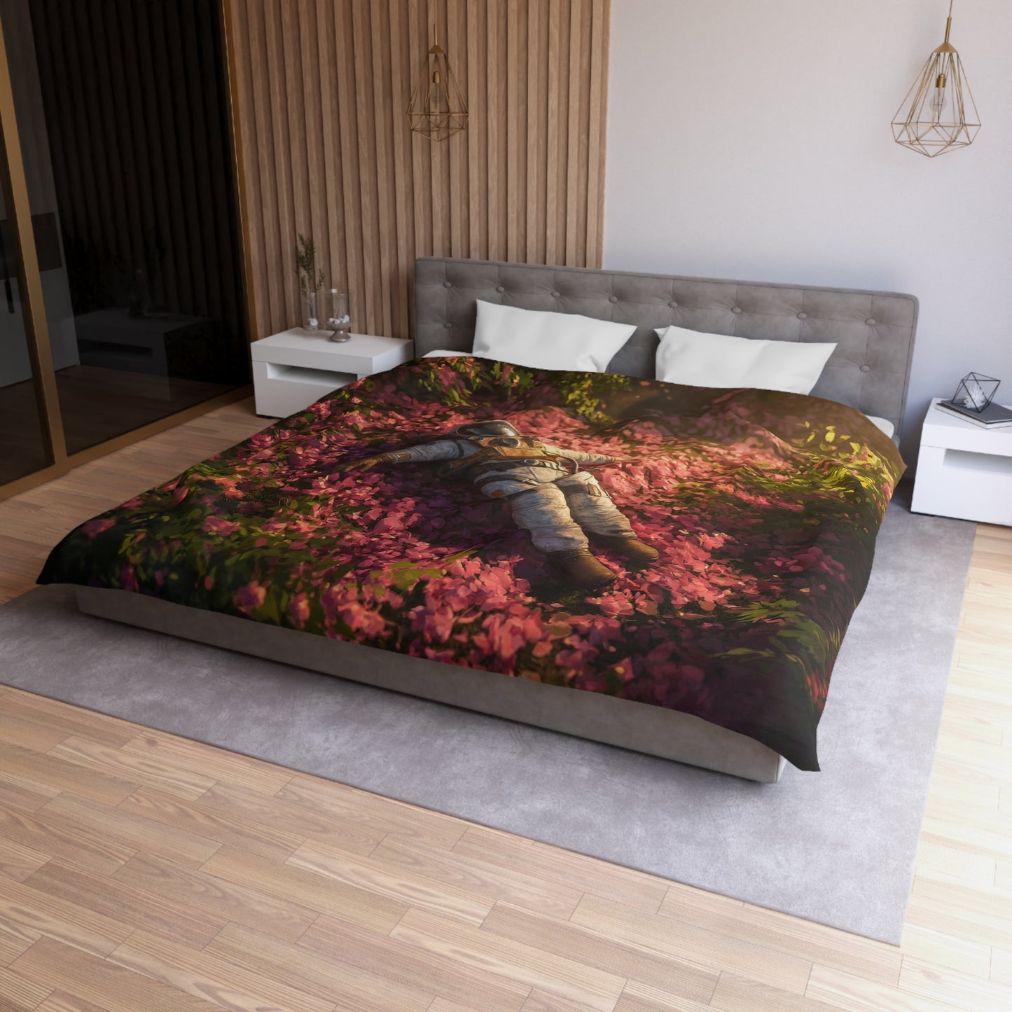 Astronaut in Bloom Microfiber Duvet Cover – Sunset Petal Sanctuary