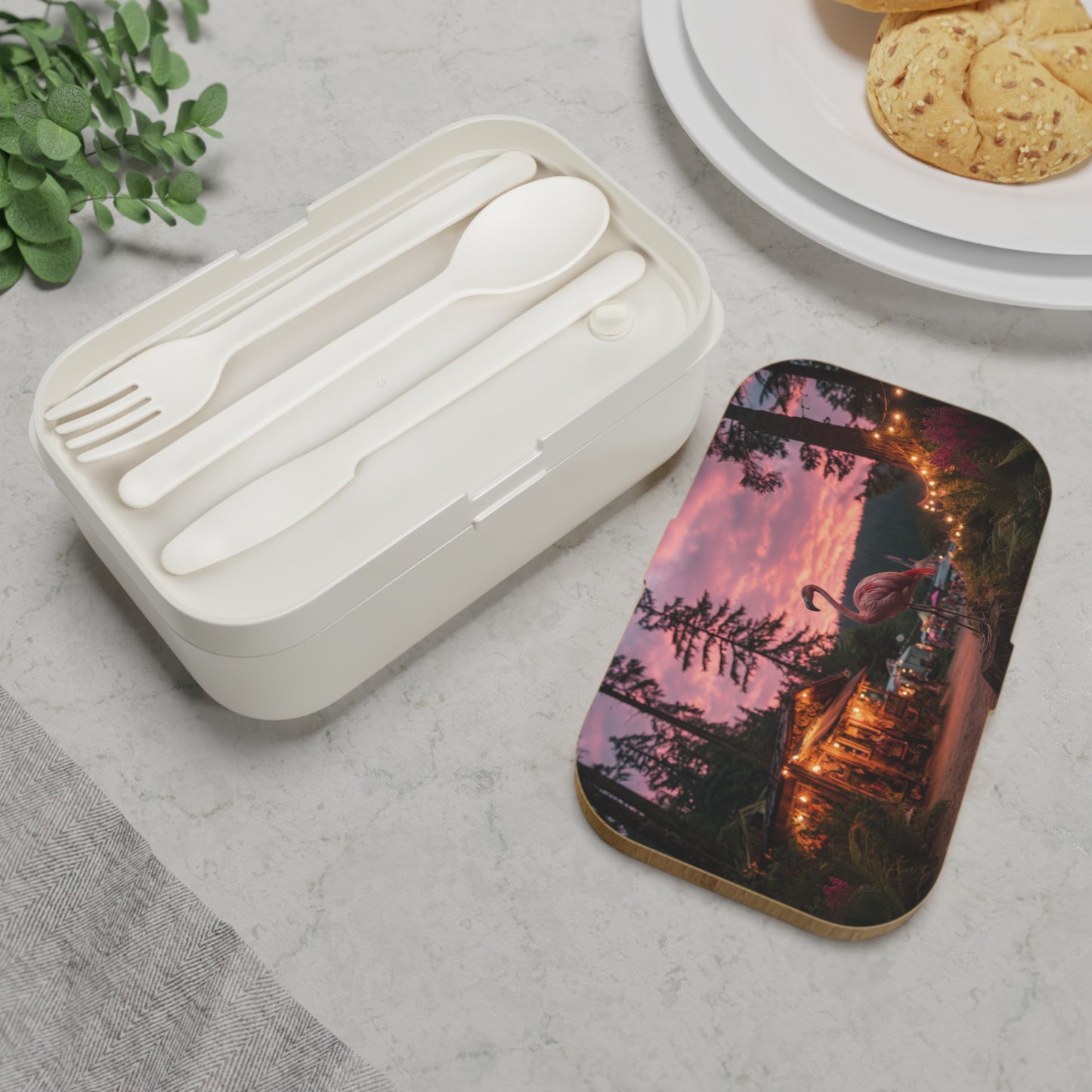 Pink Flamingo Forest Sunset Bento Lunch Box – Whimsical Twilight Wanderer