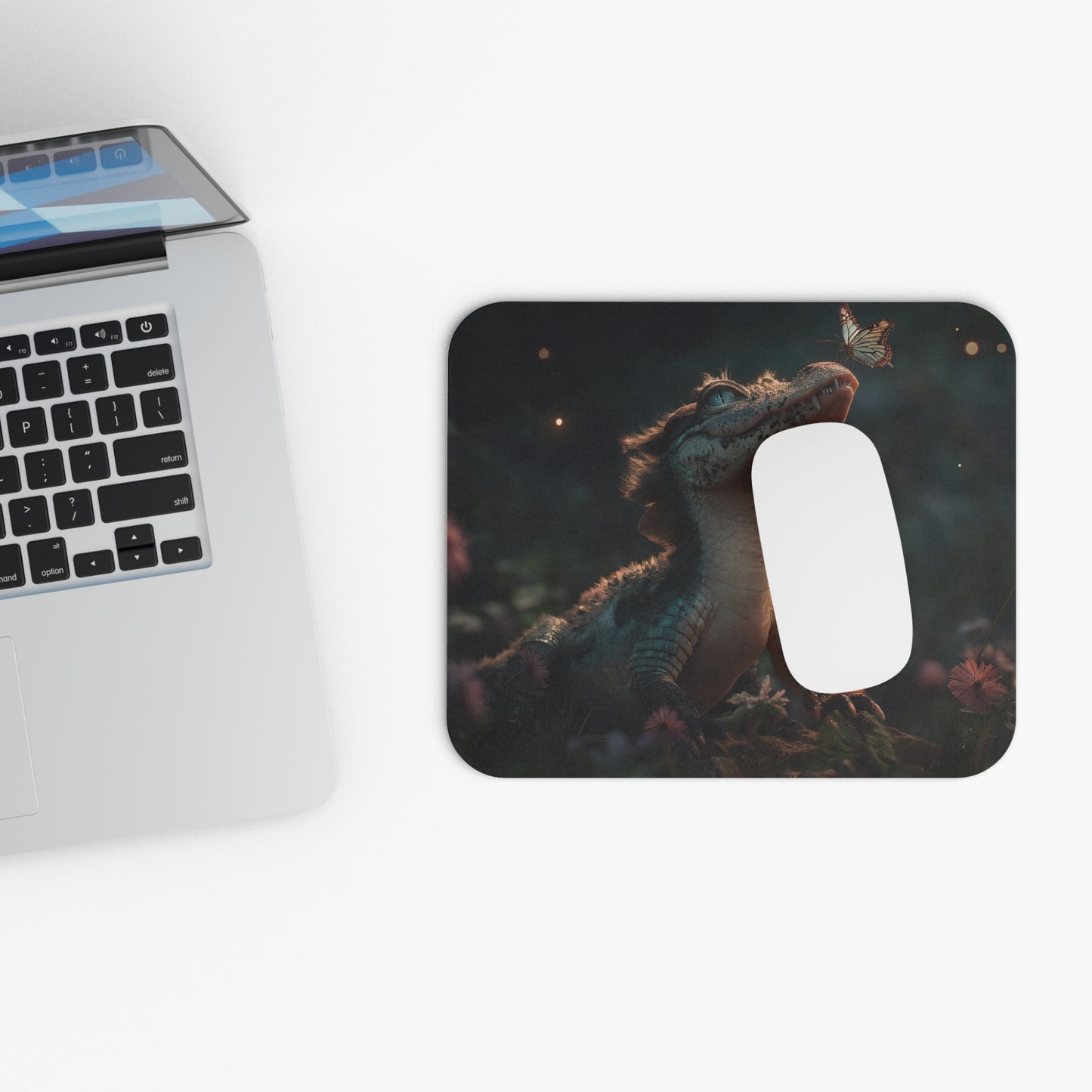 Gentle Crocodile with Butterfly Mouse Pad – Twilight Garden Whimsy (Rectangle)