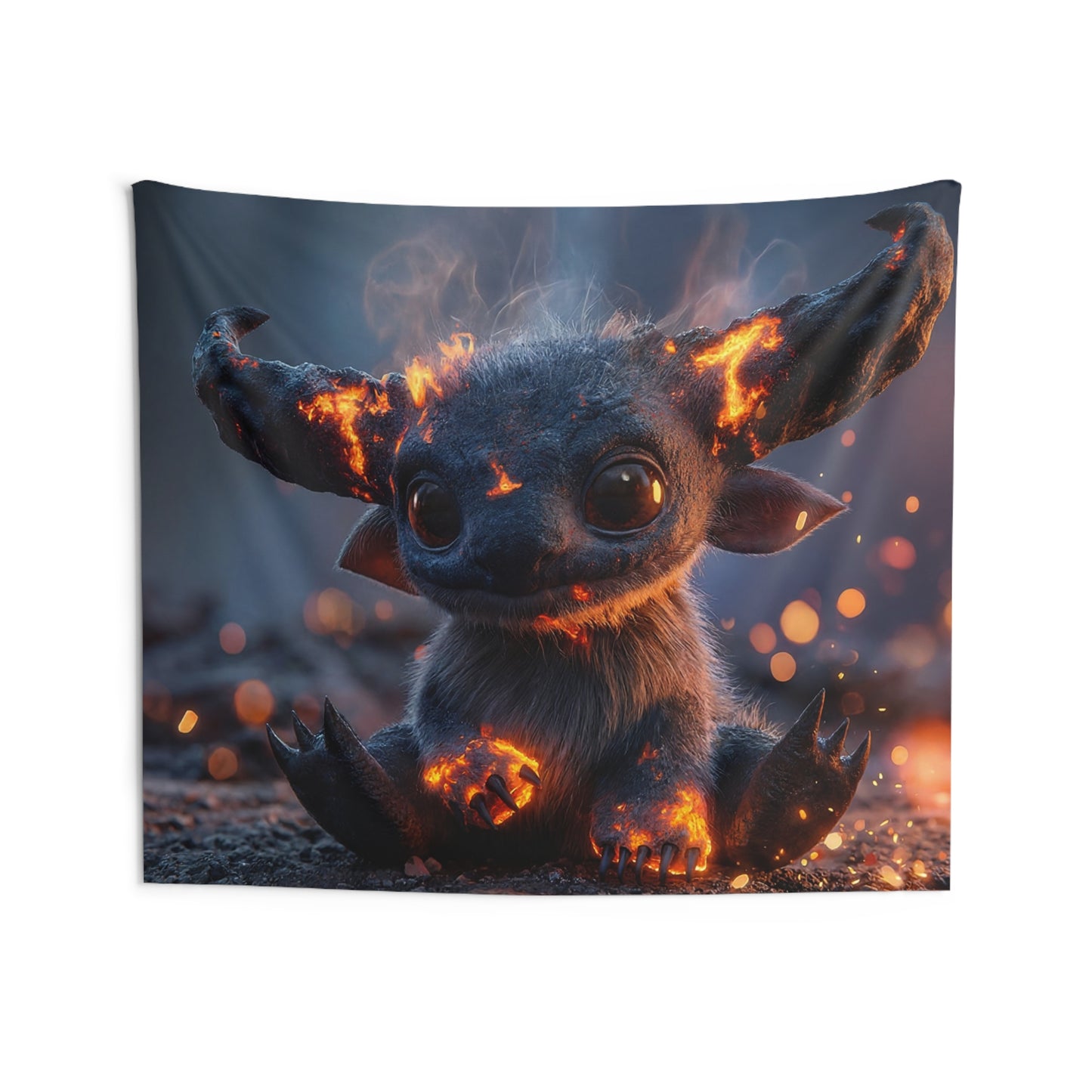 Fiery Horned Beastling Indoor Wall Tapestries – Molten Ember Whimsy