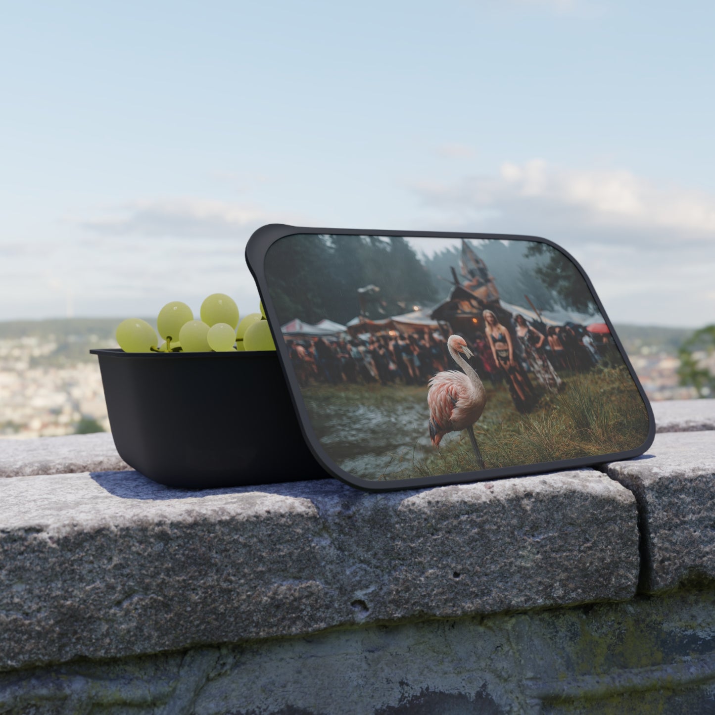 Rain-Slicked Flamingo PLA Bento Box with Band and Utensils – Forest Festival Serenity