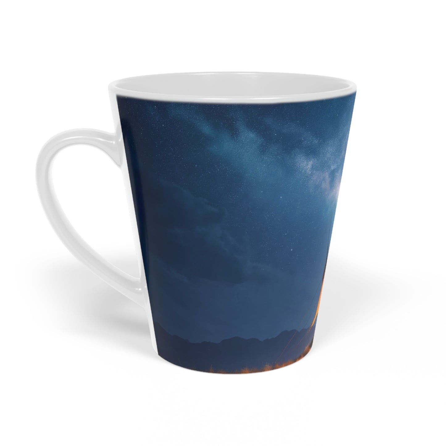 Starlit Tented Haven Latte Mug, 12oz – Warm Light Under the Milky Way