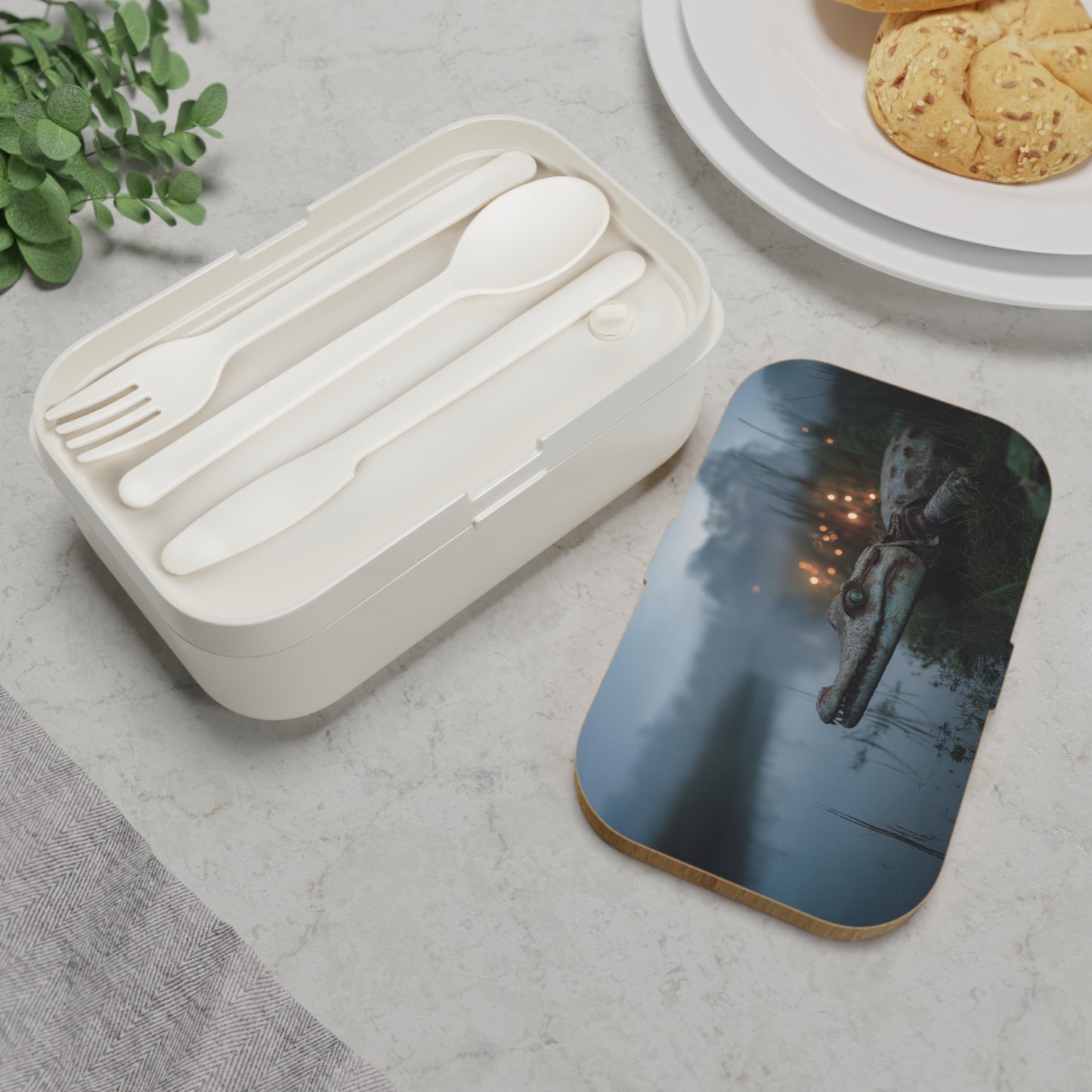 Misty Crocodile Watcher Bento Lunch Box – Twilight Sentinel by the Water’s Edge