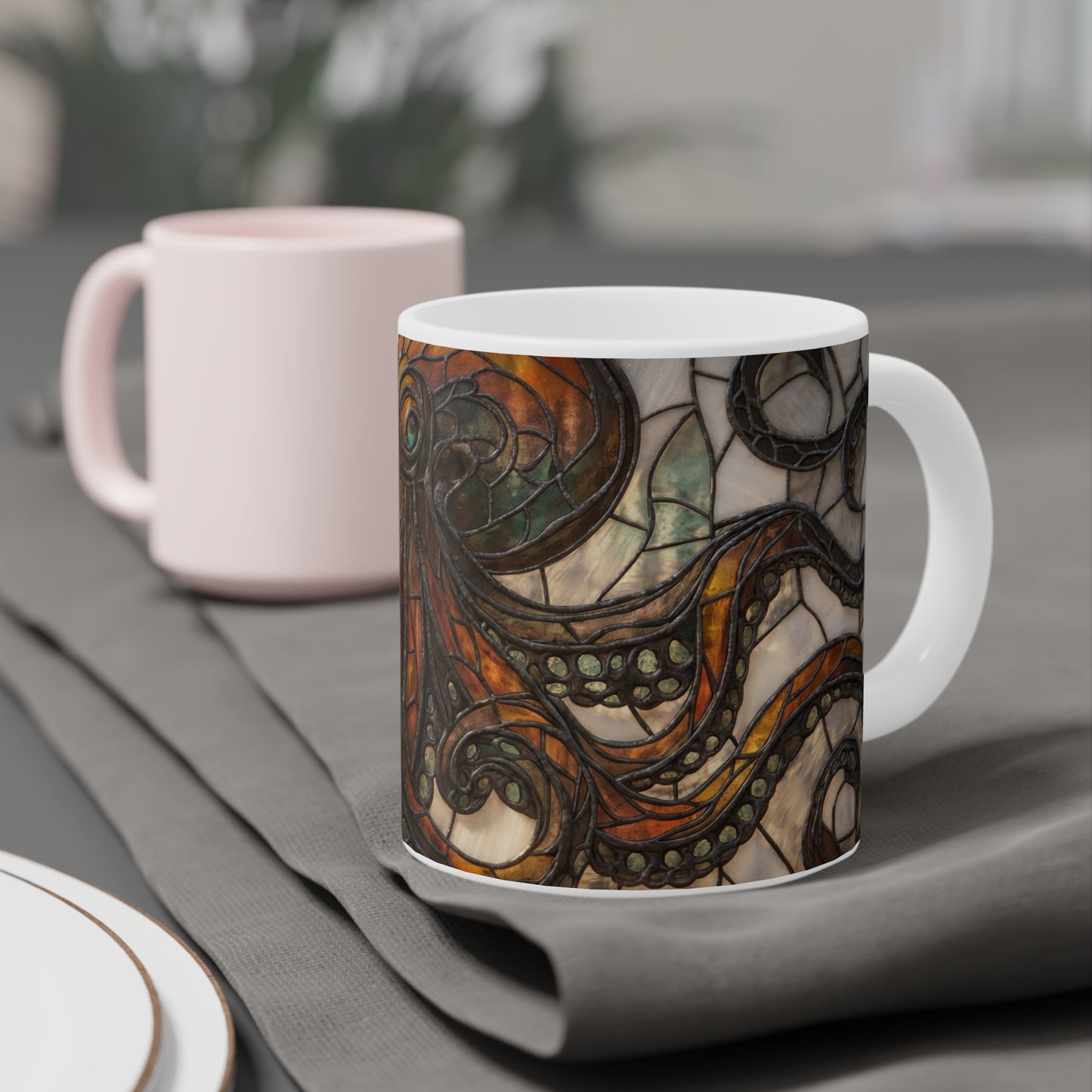 Art Nouveau Octopus Stained Glass Mug – Warm Amber Whirls on Deep Frame