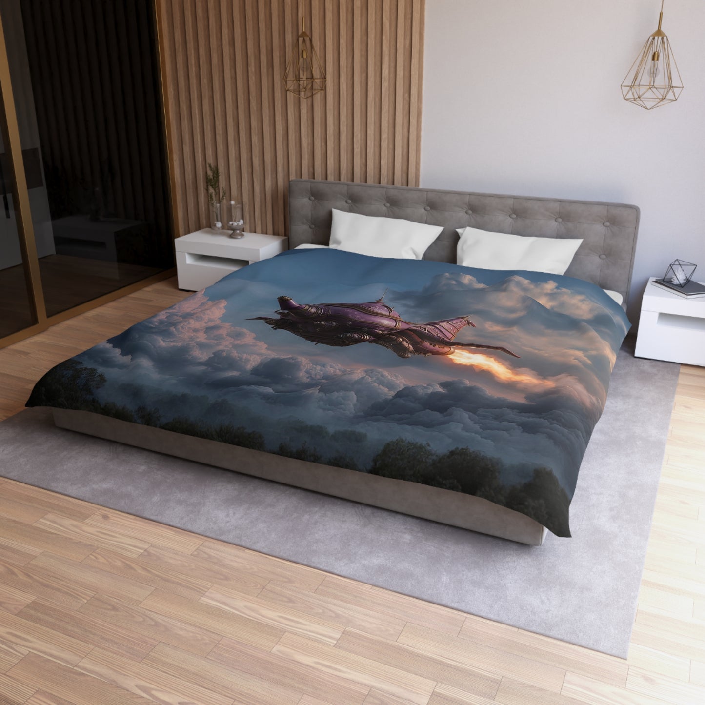 Celestial Teapot Airship Duvet Cover – Twilight Brew Across Clouds