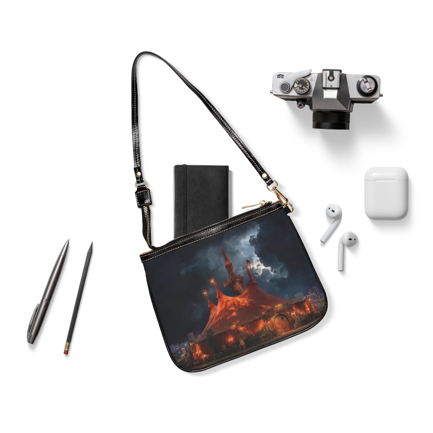 Crimson Carnival Tent Small Shoulder Bag – Midnight Magic Under Storm Skies