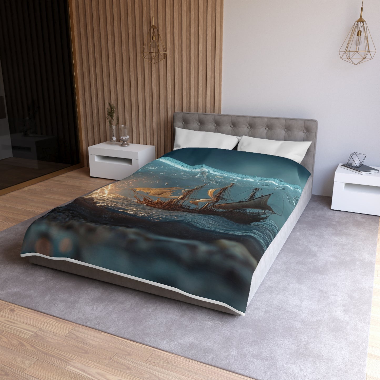 Storm-Sailed Ship in Bottle Microfiber Duvet Cover – Pocketed Ocean Dreamscape