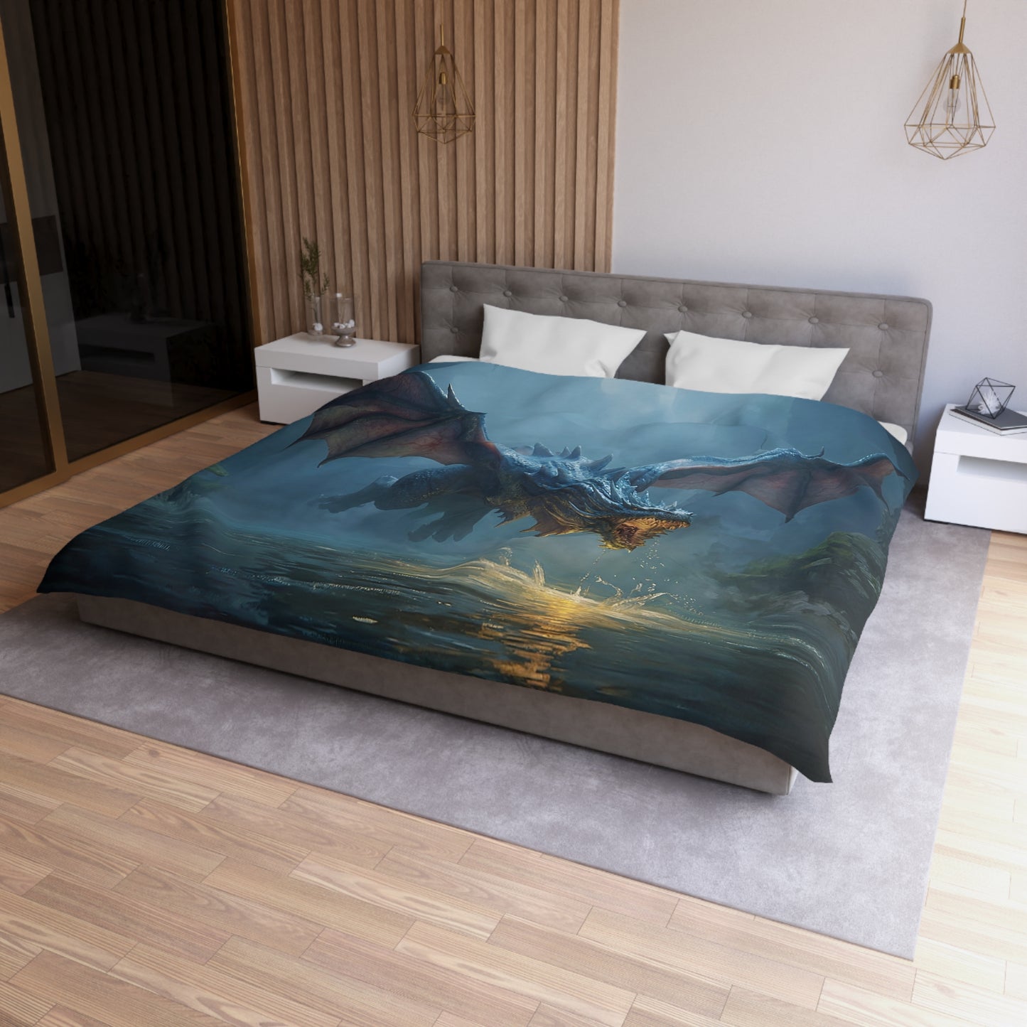 Azure Sentinel Microfiber Duvet Cover – Dragon’s Cave Reflections