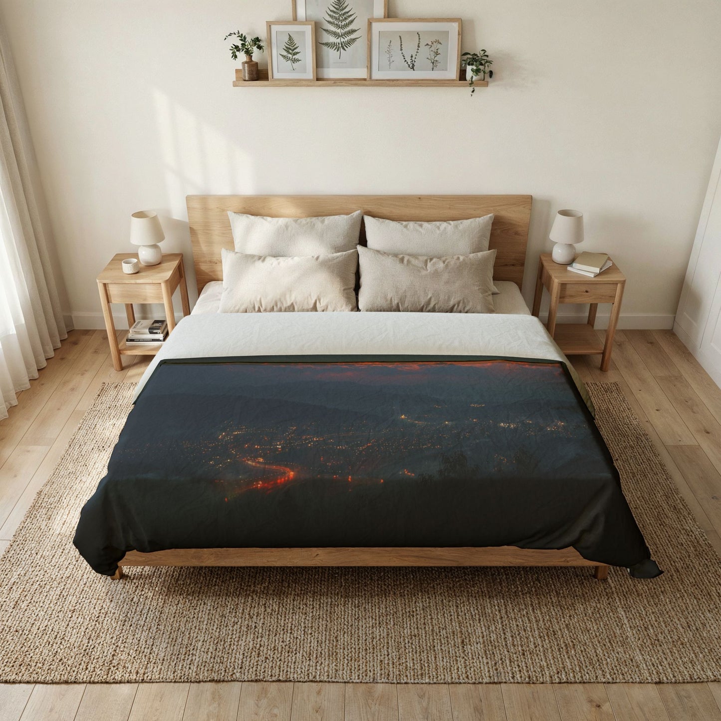 Meteor Storm Over Mountain Valley Duvet Cover – Twilight City Lights and Fiery Sky