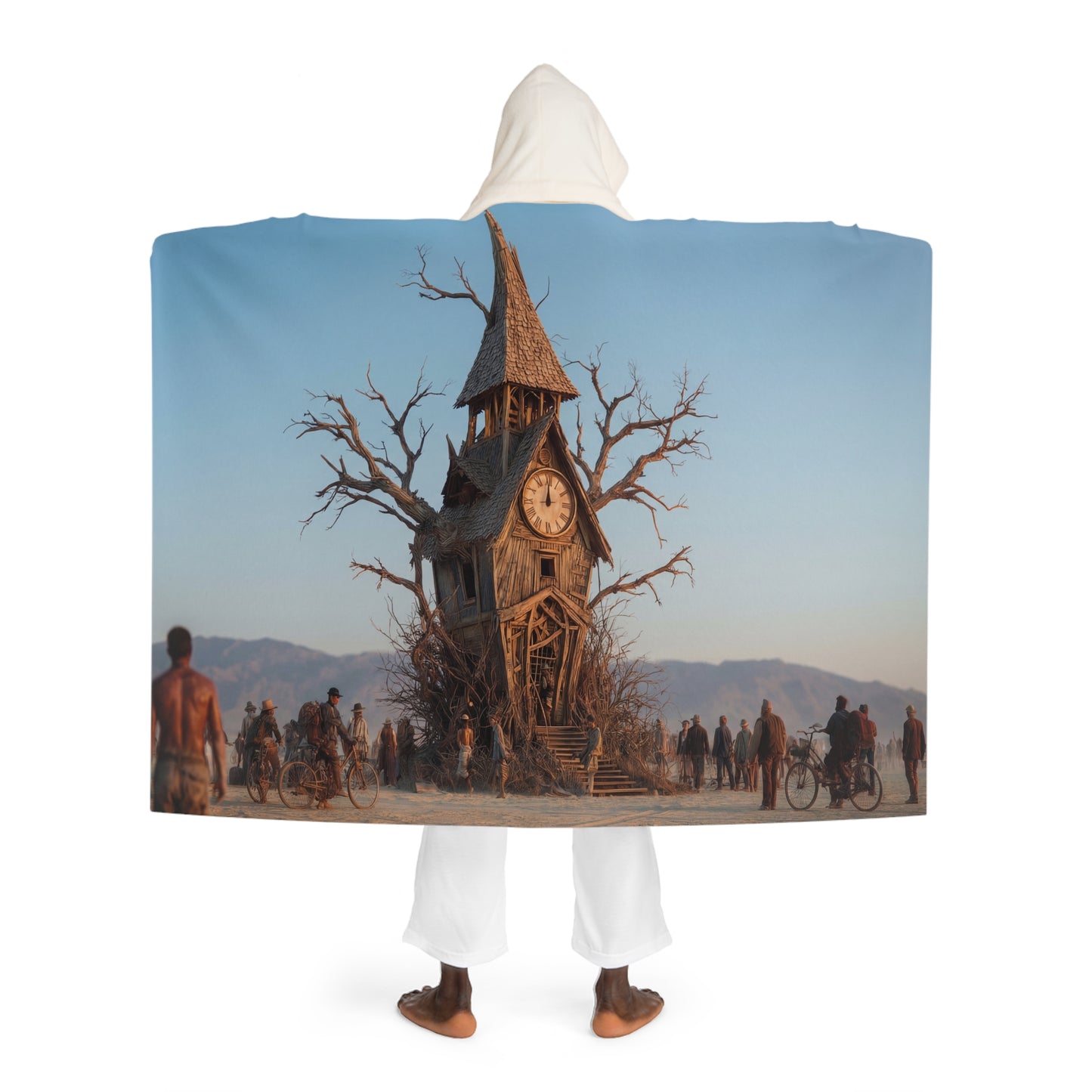 Clock Tower Hooded Sherpa Fleece Blanket – Desert Pilgrims at Twilight