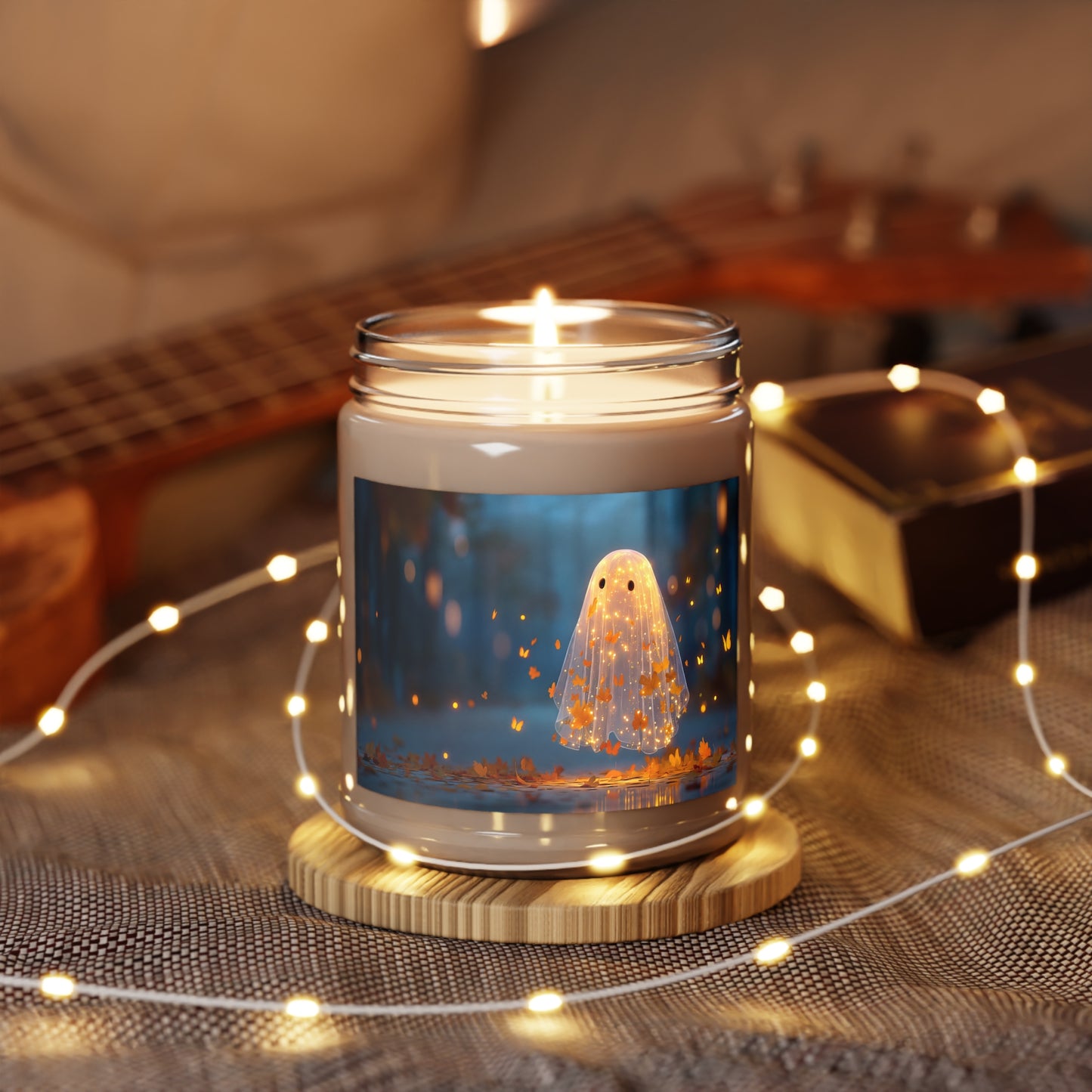 Glowing Autumn Ghost Scented Soy Candles with White Lid, 9oz – Warm Light, Whispering Leaves