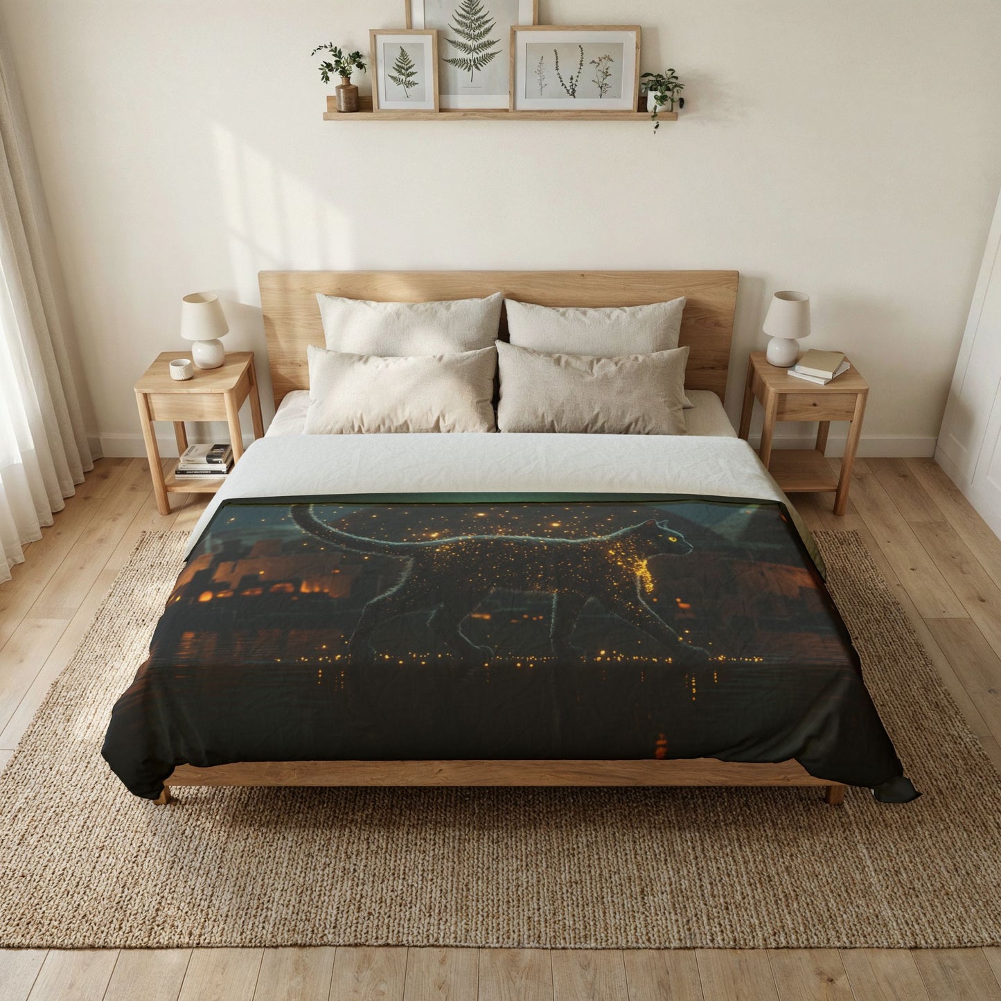 Starlit Cat Duvet Cover – Egyptian Nightscape with Glowing Feline Guardian